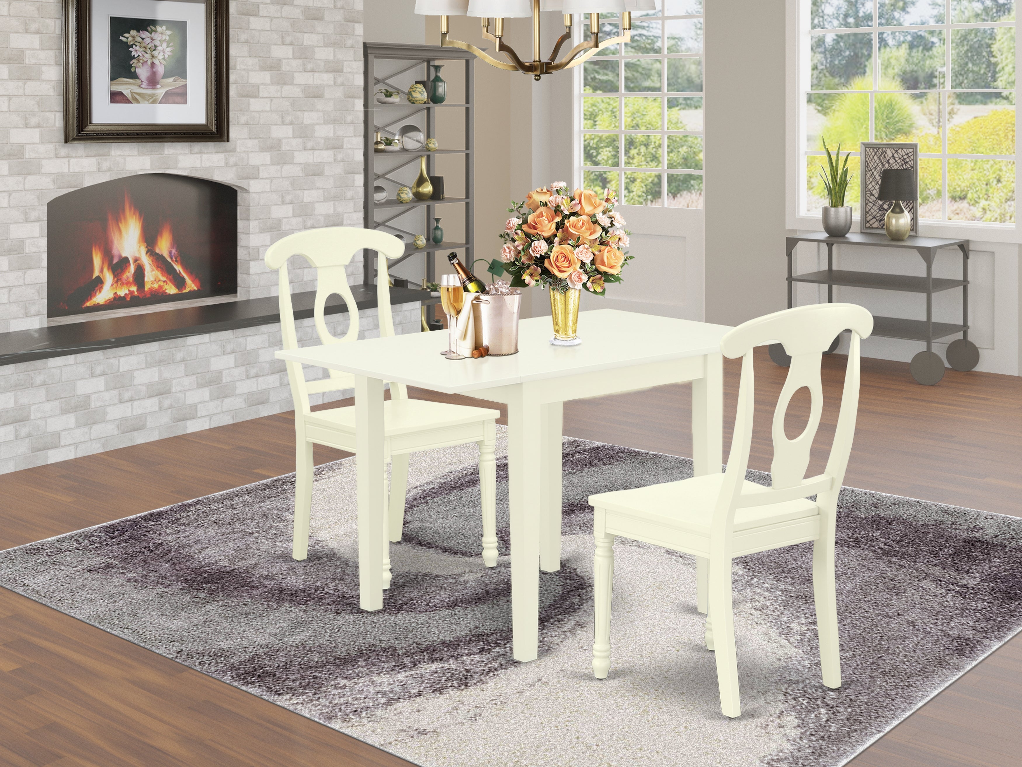 East West Furniture NDKE3-LWH-W 3Pc Dinette Set for Small Spaces Consists of a Wood Table and 2 Wooden Dining Chairs with Rubberwood Seat and Napoleon Back, Linen White Finish