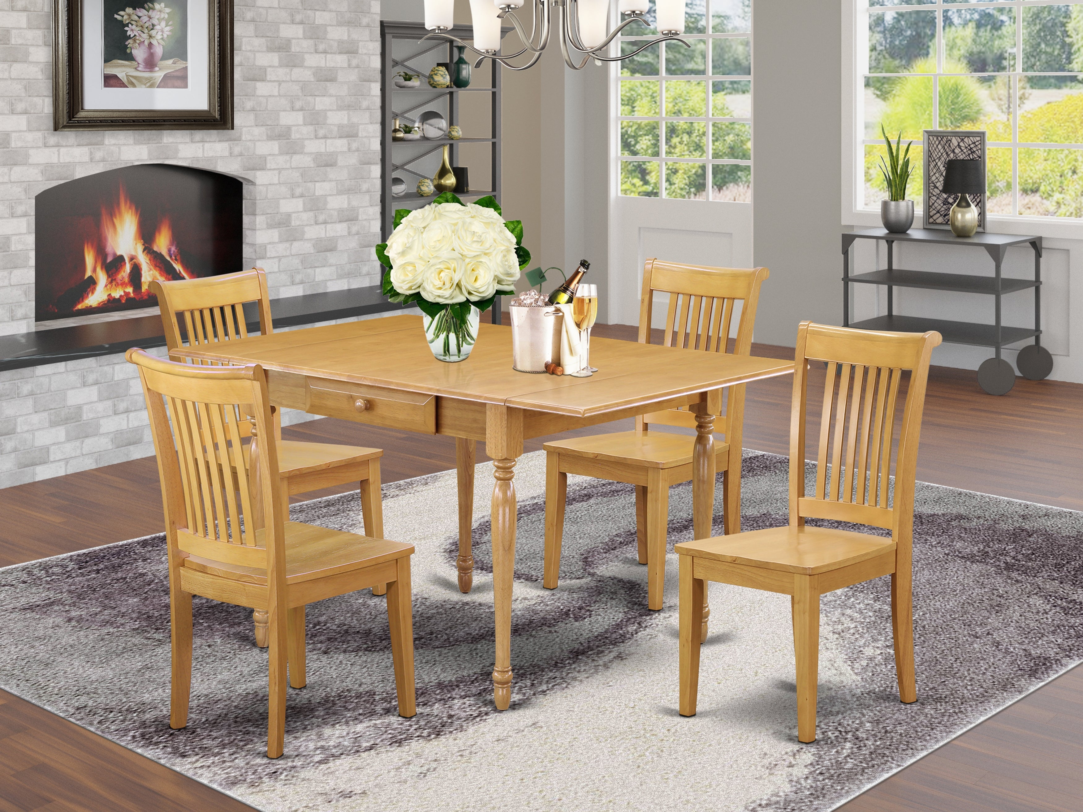East West Furniture MZPO5-OAK-W 5 Pieces Modern Dining Table set - Heavy Duty Drop Leaf Wooden Modern Dining Table and 4 Solid Wood Seat Kitchen Dining Chairs, Oak Finish
