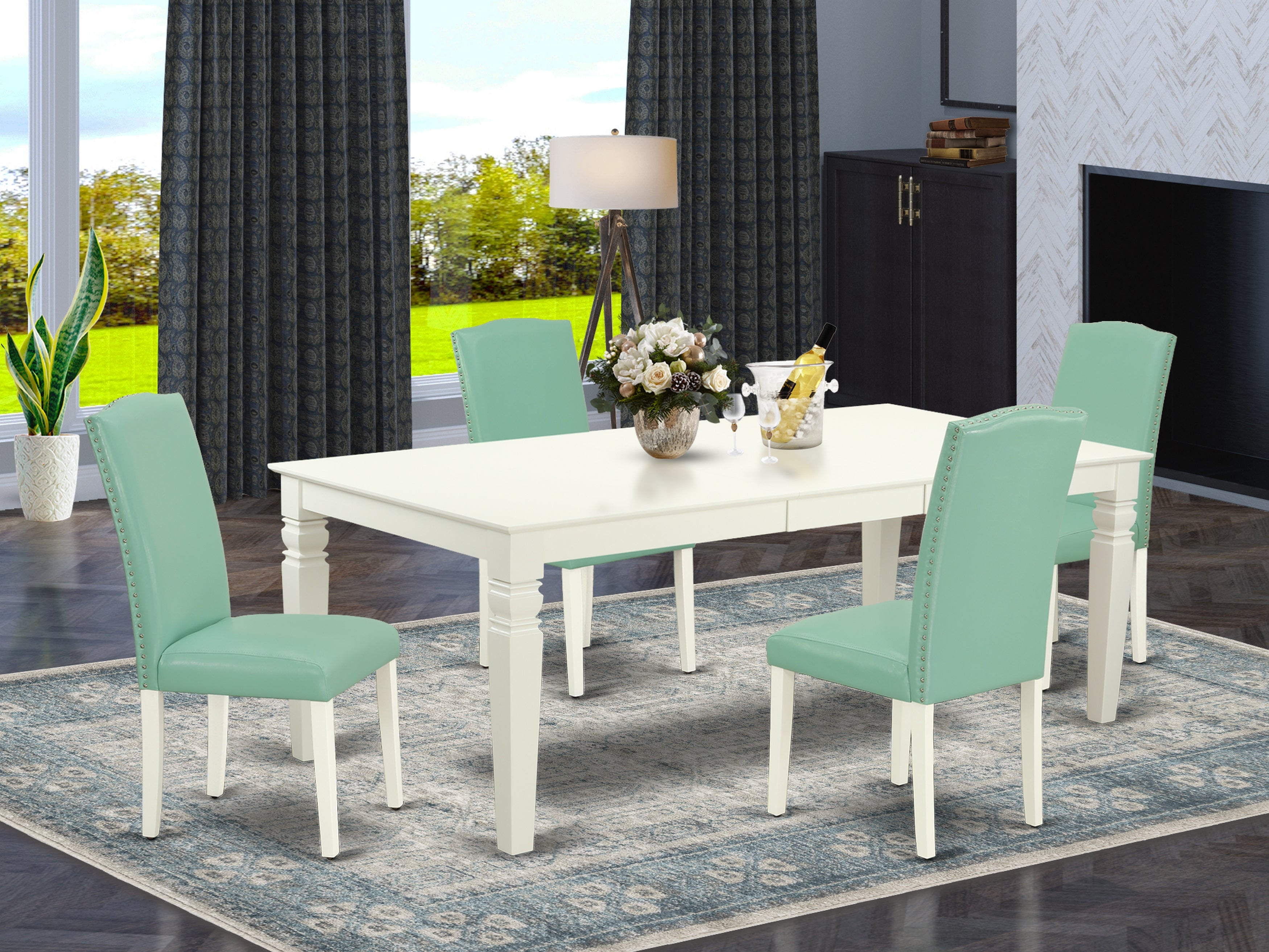 LGEN5-LWH-57 5Pc Rectangular 66/84 Inch Table With 18 In Leaf And Four Parson Chair With Linen White Leg And Pu Leather Color Pond