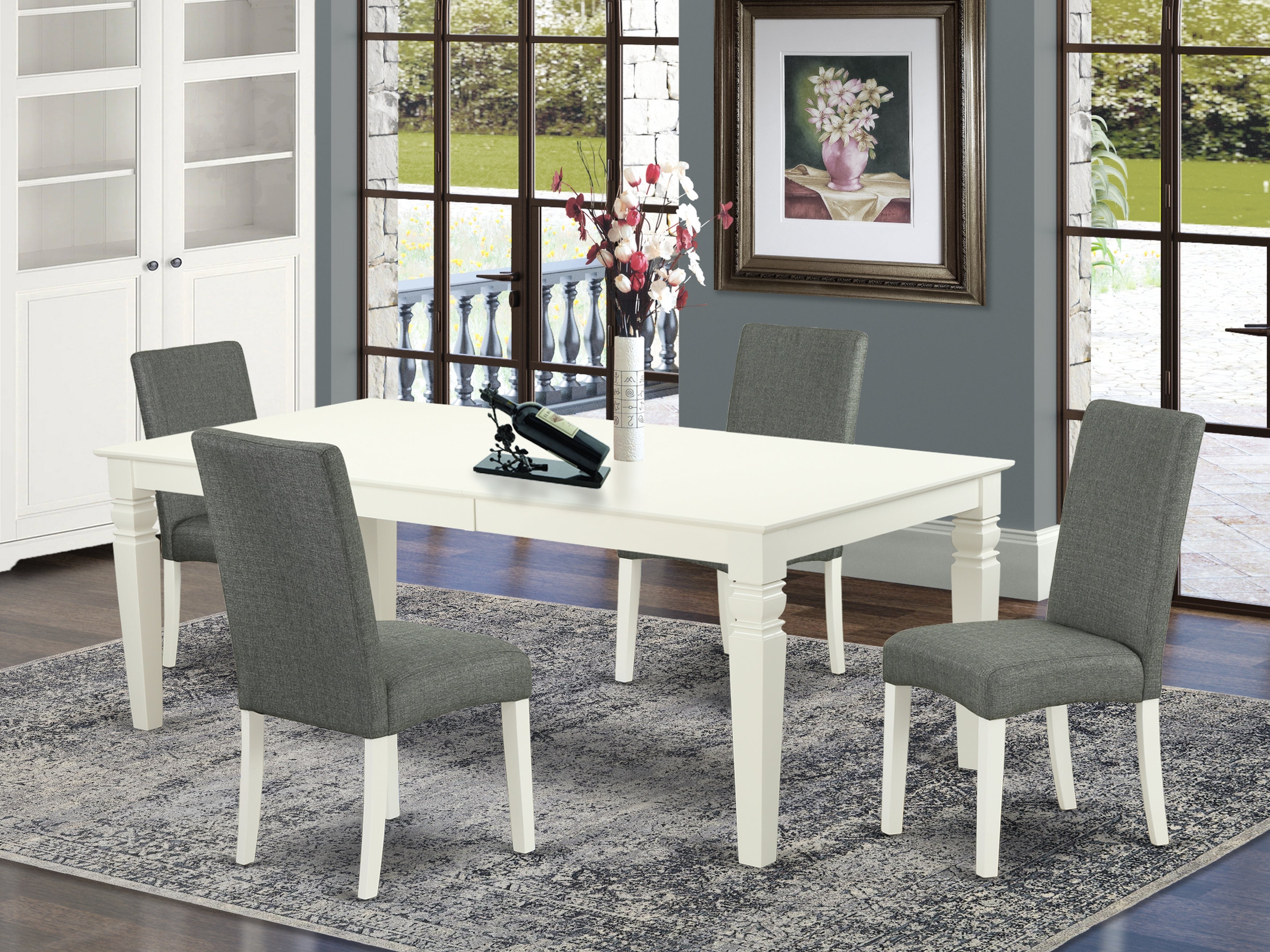 LGDR5-LWH-07 5Pc Rectangular 66/84 Inch Table With 18 In Leaf And Four Parson Chair With Linen White Finish Leg And Linen Fabric- Gray Color