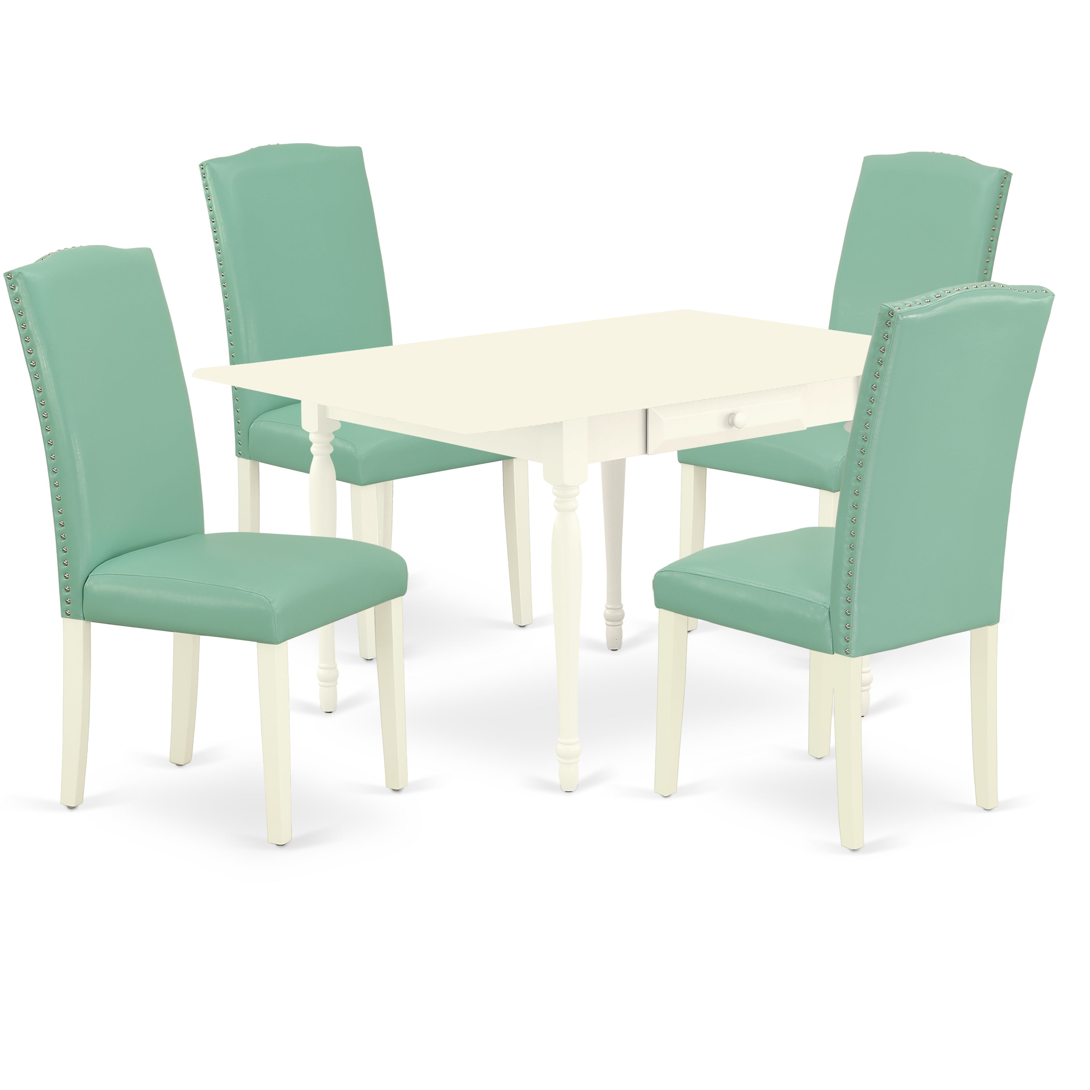 East West Furniture MZEN5-LWH-57 5Pc Dining Set for 4Consists of a Dining Table and 4 Parsons Chairs with Pond Color PU Leather, Drop Leaf Table with Full Back Chairs, Linen White Finish