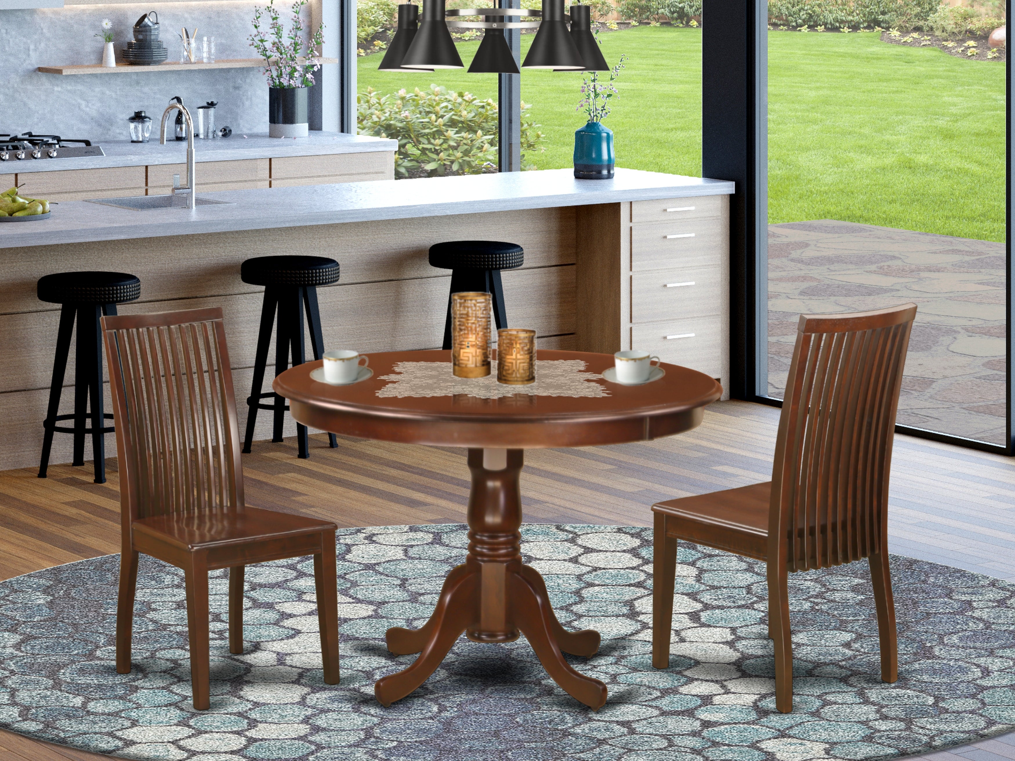 HLIP3-MAH-W 3 Piece Hartland Set With One Round 42in Dinette Table And Two Dinette Chairs With Wood Seat In A warm Mahogany Finish.