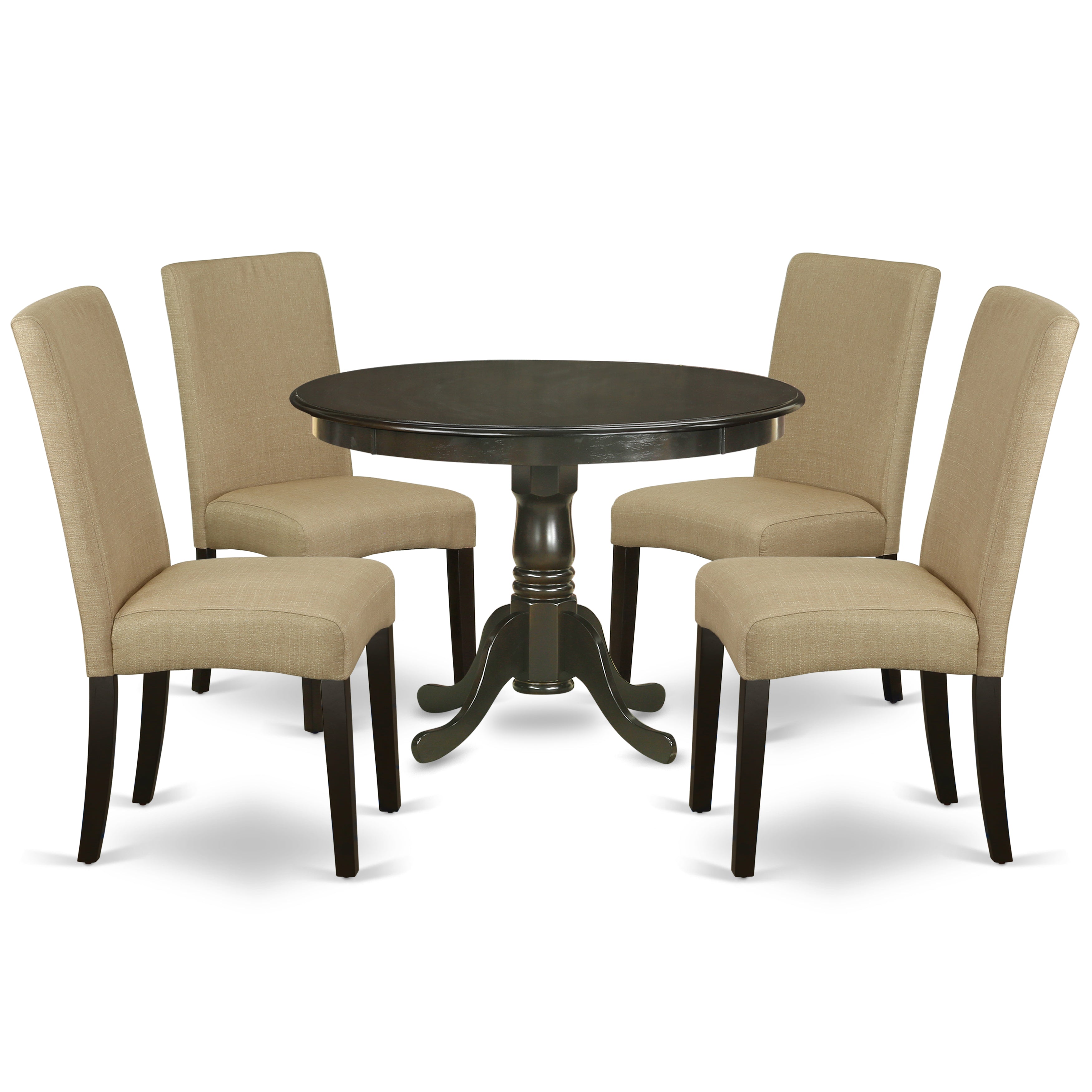 HLDR5-CAP-03 5Pc Round 42 Inch Dinette Table And Four Parson Chair With Cappuccino Finish Leg And Linen Fabric- Brown Color