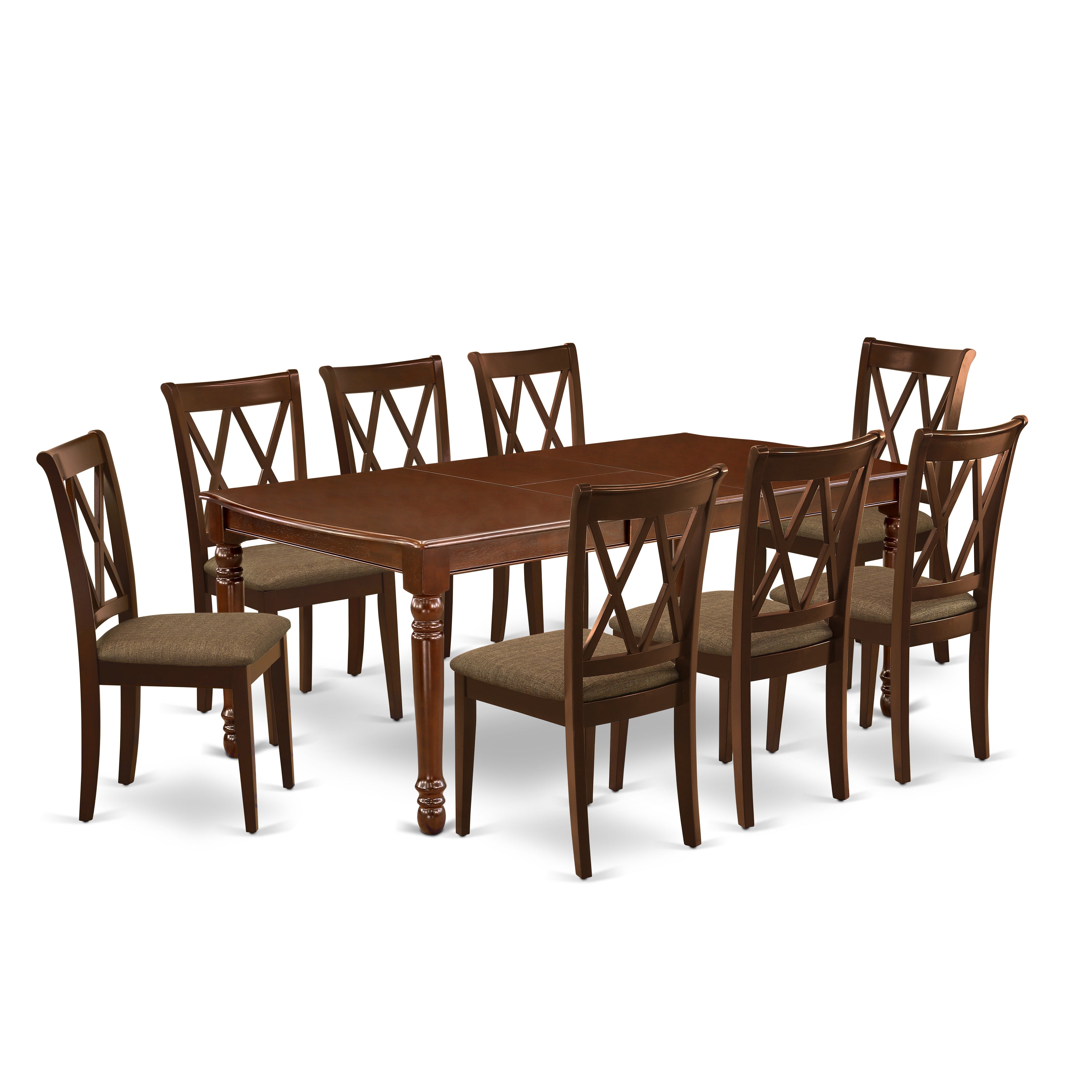 DOCL9-MAH-C 9Pc Dining Set Includes a Rectangle Dinette Table with Butterfly Leaf and Eight Double X Back Microfiber Seat Kitchen Chairs, Mahogany Finish