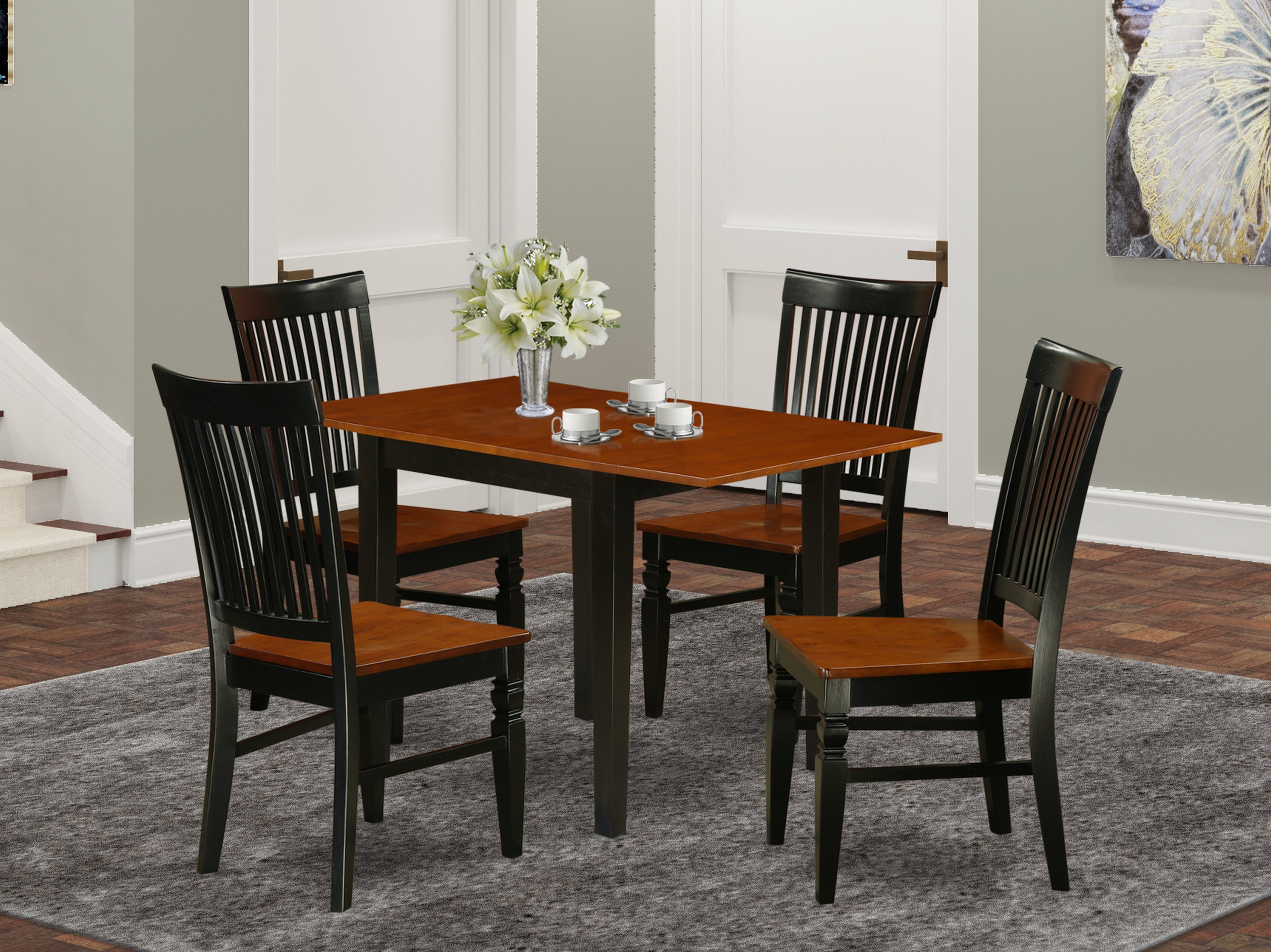 East West Furniture NDWE5-BCH-W, 5Pc Kitchen Table Set Includes a Drop Leaf Table and 4 Dining Room Chairs with Solid Seat and Slat Back, Black and Cherry Finish