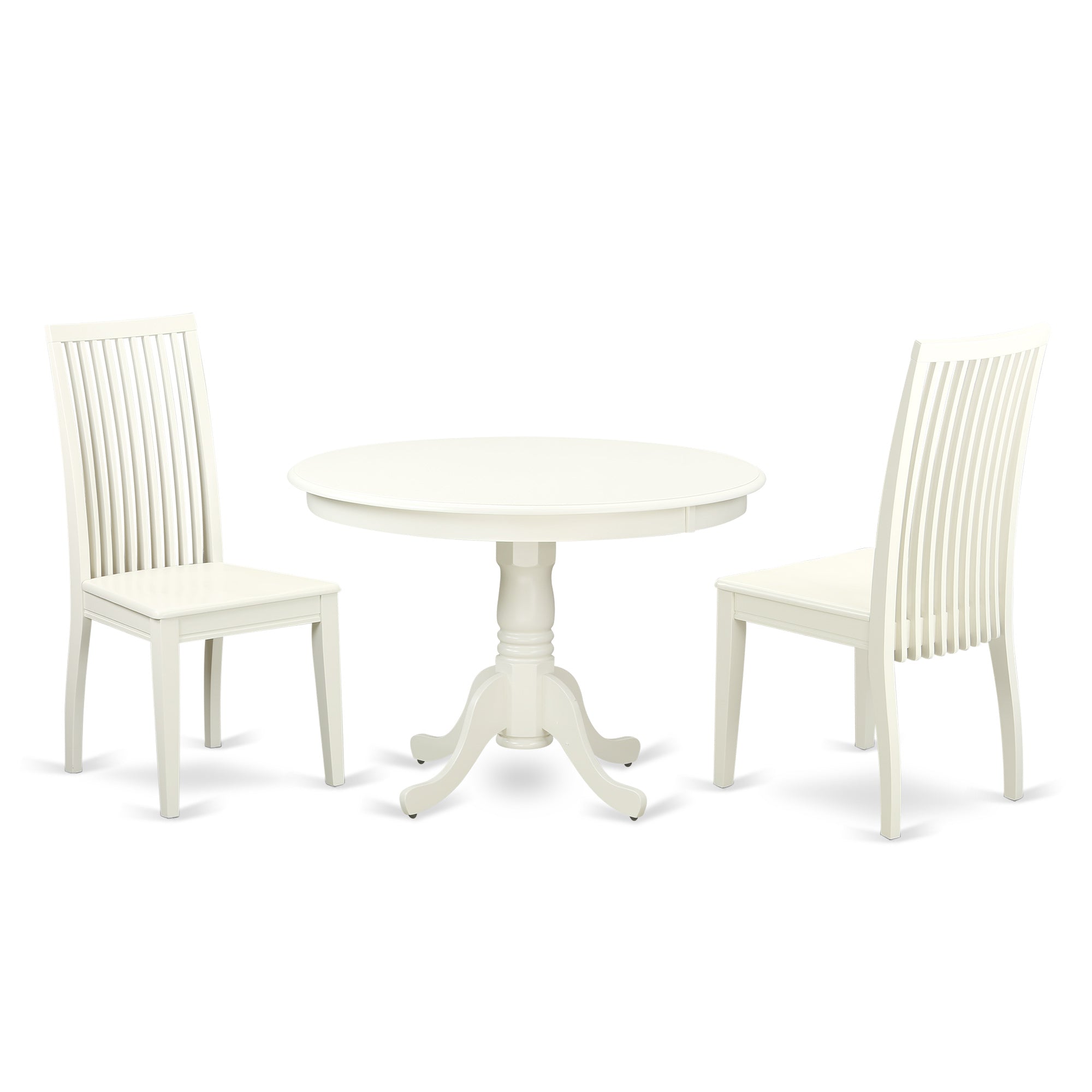 HLIP3-LWH-W 3 Piece Hartland Set With One Round 42in Dinette Table And Two Dinette Chairs With Wood Seat In A Beautiful Linen White Finish.
