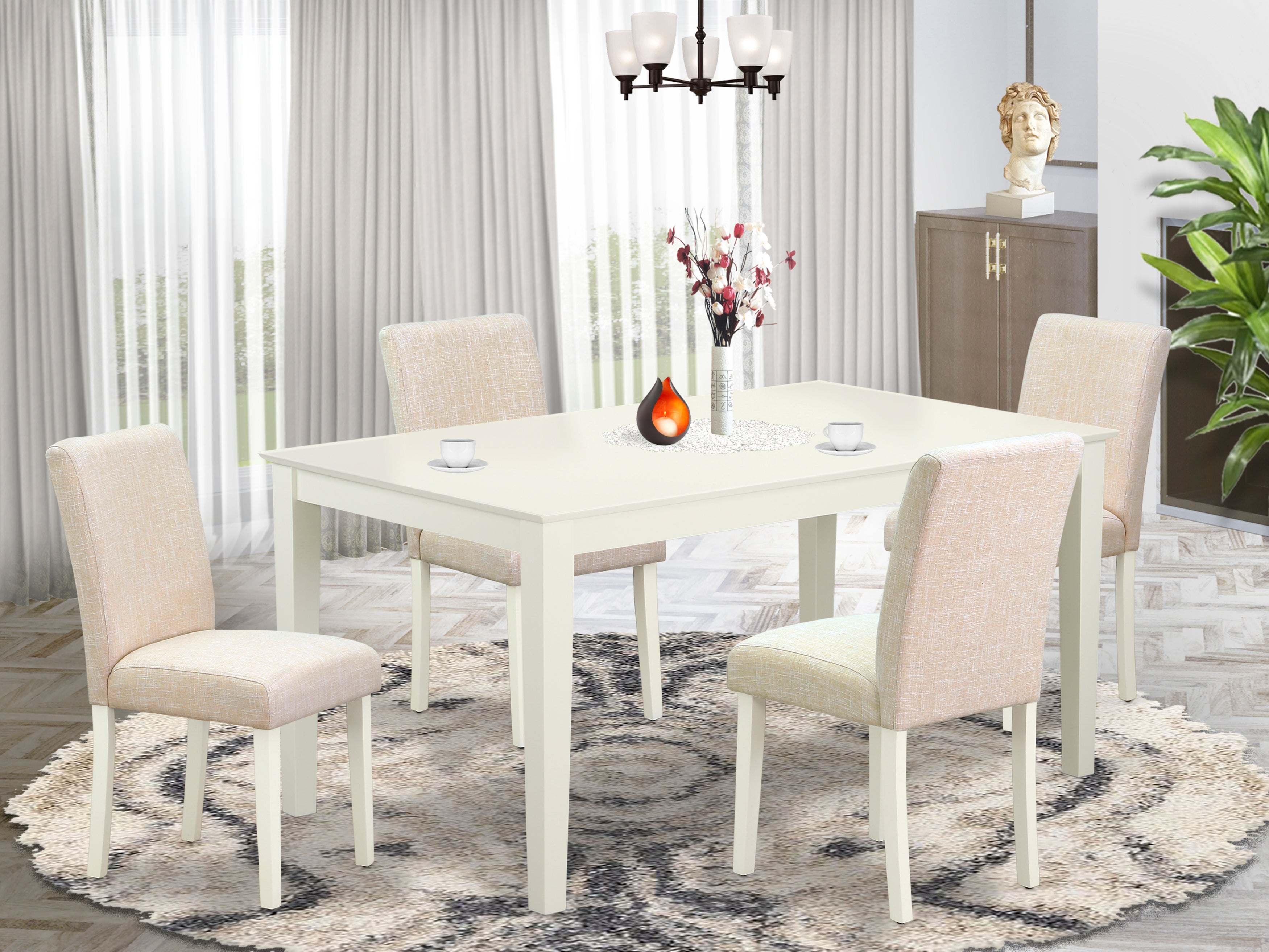 CAAB5-LWH-02 5Pc Rectangle 60" Dining Room Table And 4 Parson Chair With Linen White Leg And Linen Fabric Light Beige