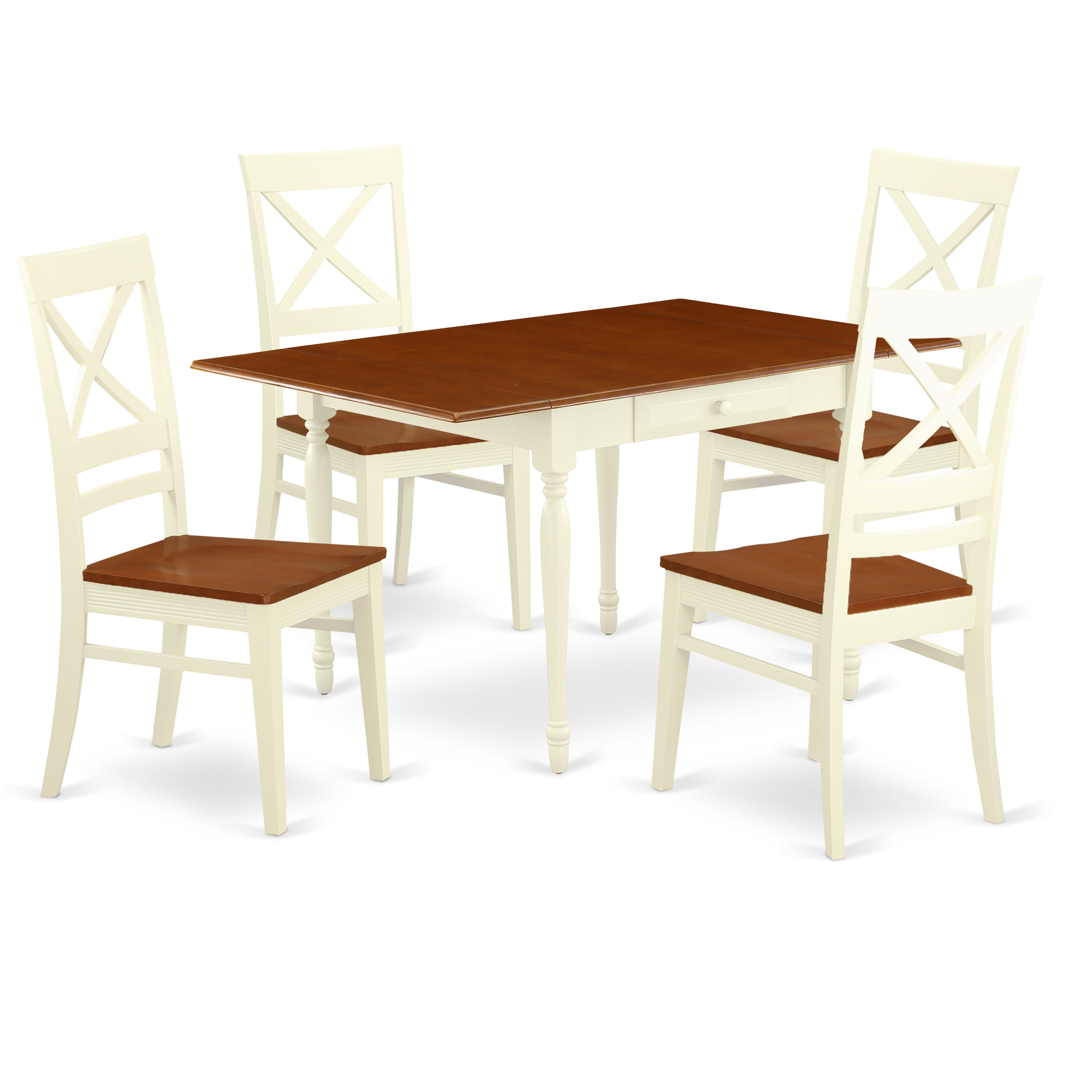East West Furniture MZQU5-WHI-W 5 Pieces Dining Kitchen Table set - Strong Drop Leaf Real Wood Rectangle Dining Table and 4 Hardwood Seat Kitchen Chairs, Buttermilk and Cherry Finish