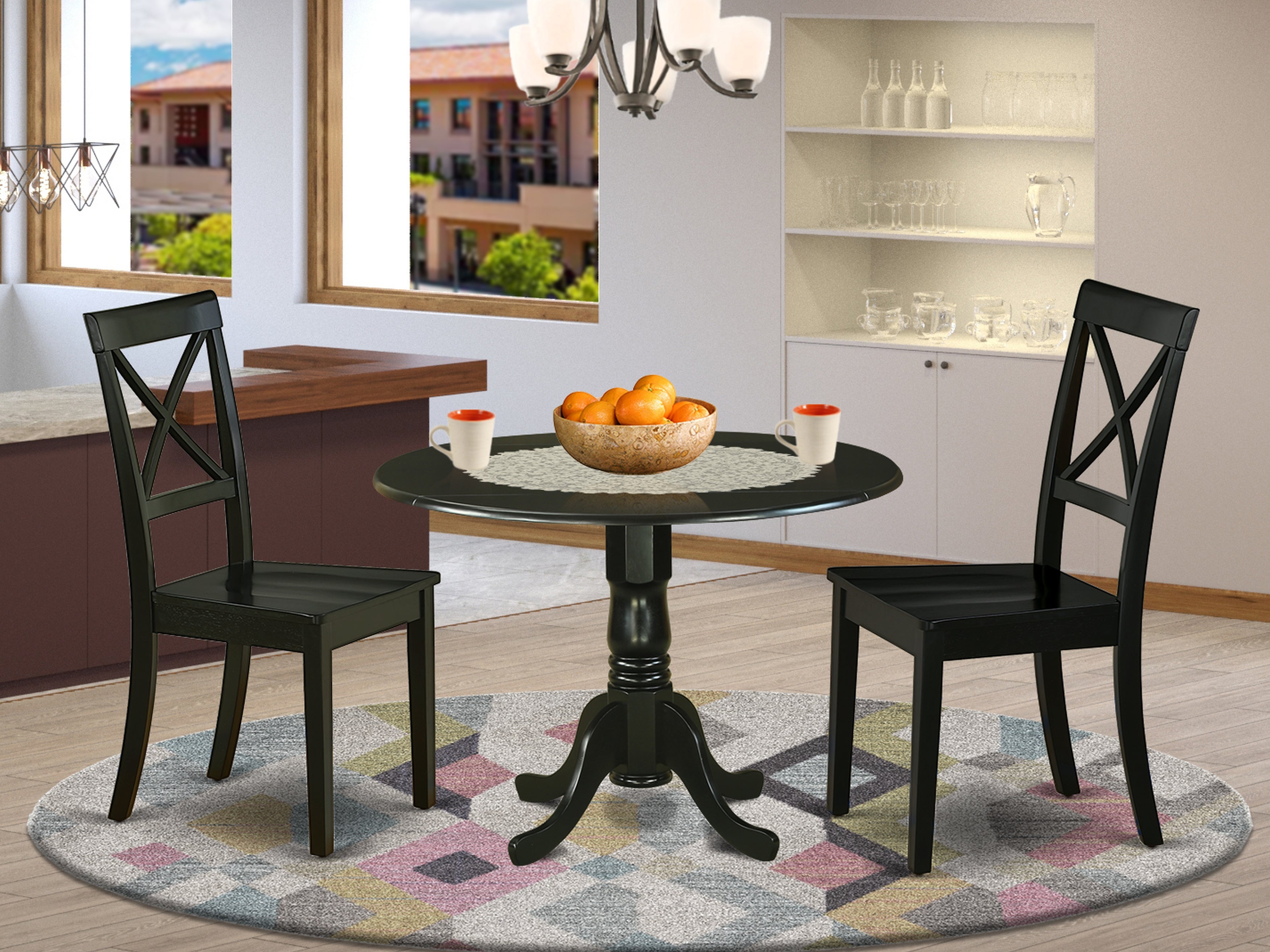 DLBO3-BLK-W 3Pc Round 42 Inch Dining Table With Two 9-Inch Drop Leaves And A Pair Of Wood Seat Dining Chairs