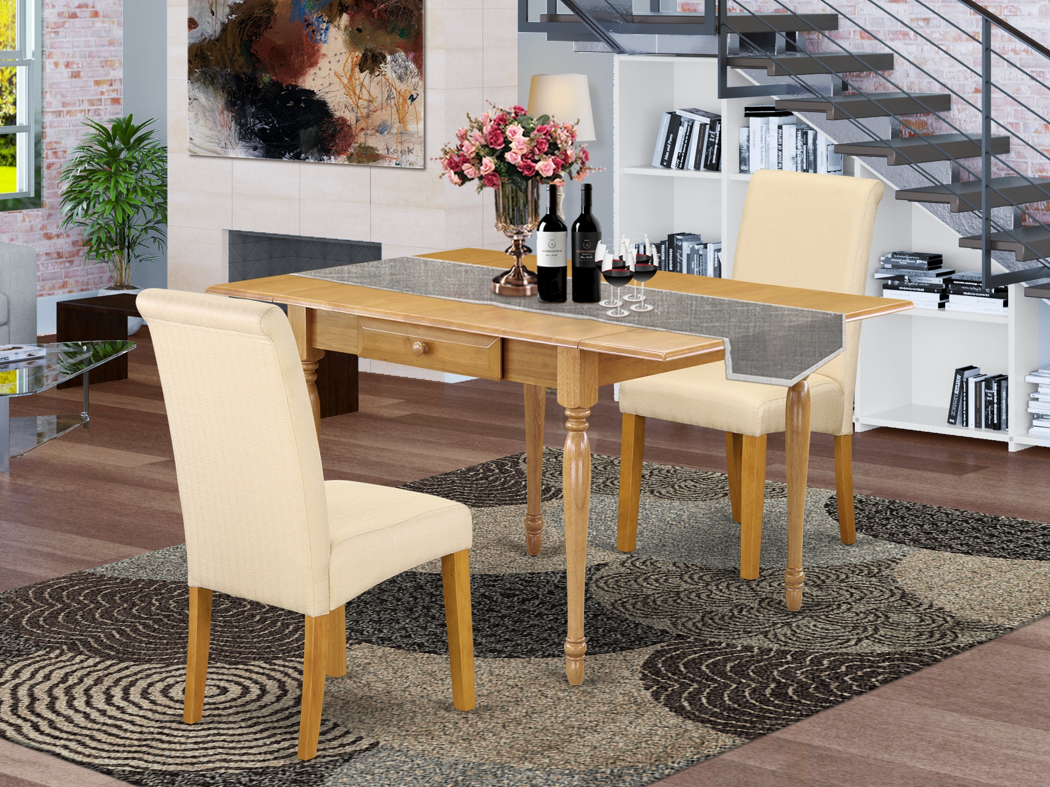 East West Furniture MZBA3-OAK-02 3Pc Dining Table Set for 2 Offers a Wood Table and 2 Parsons Chairs with Light Beige Color Linen Fabric, Drop Leaf Table with Full Back Chairs, Oak Finish
