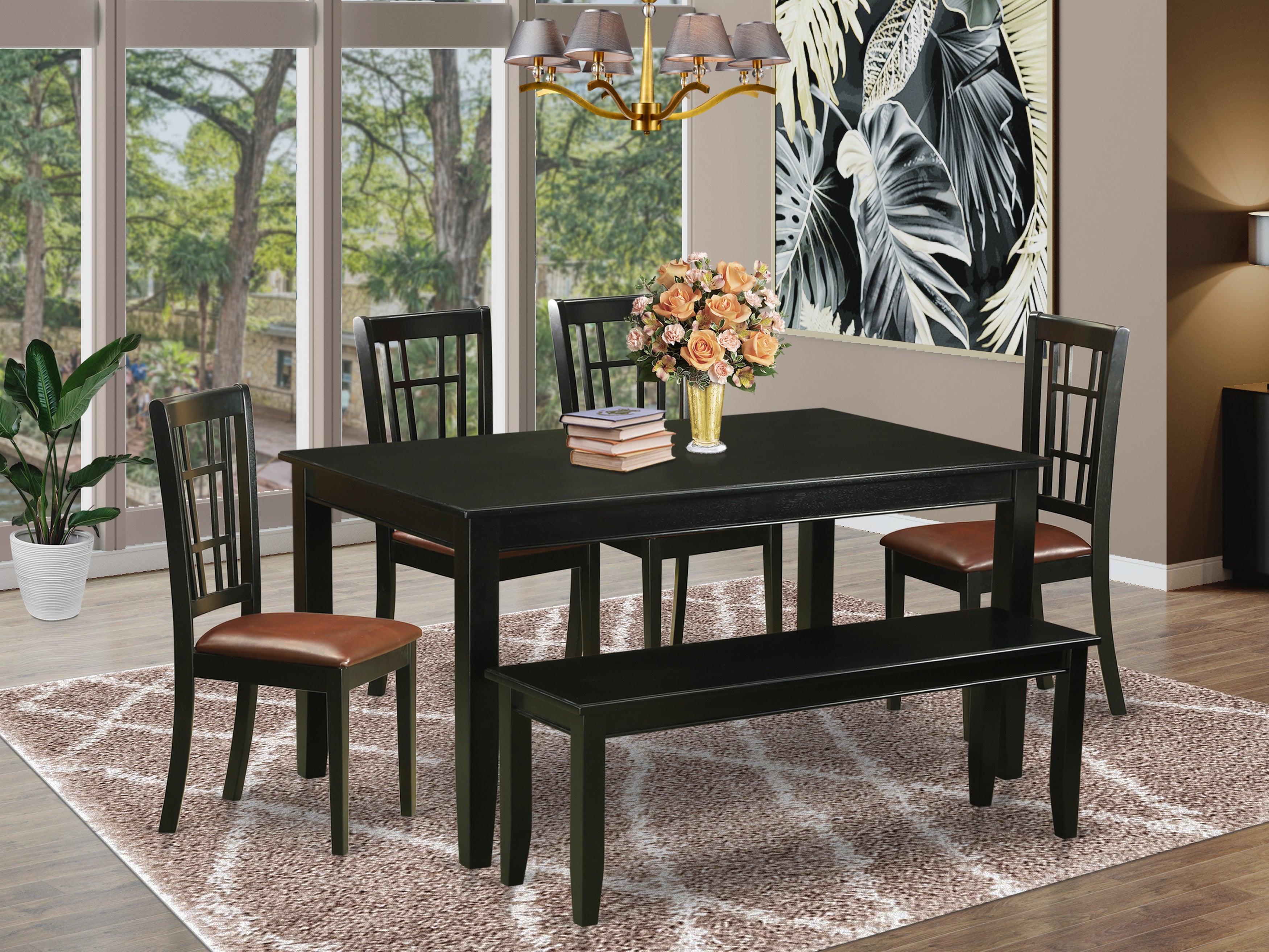 DUNI6-BLK-LC 6 PC Kitchen nook Dining set - Kitchen Table and 4 Dining Chairs plus Bench
