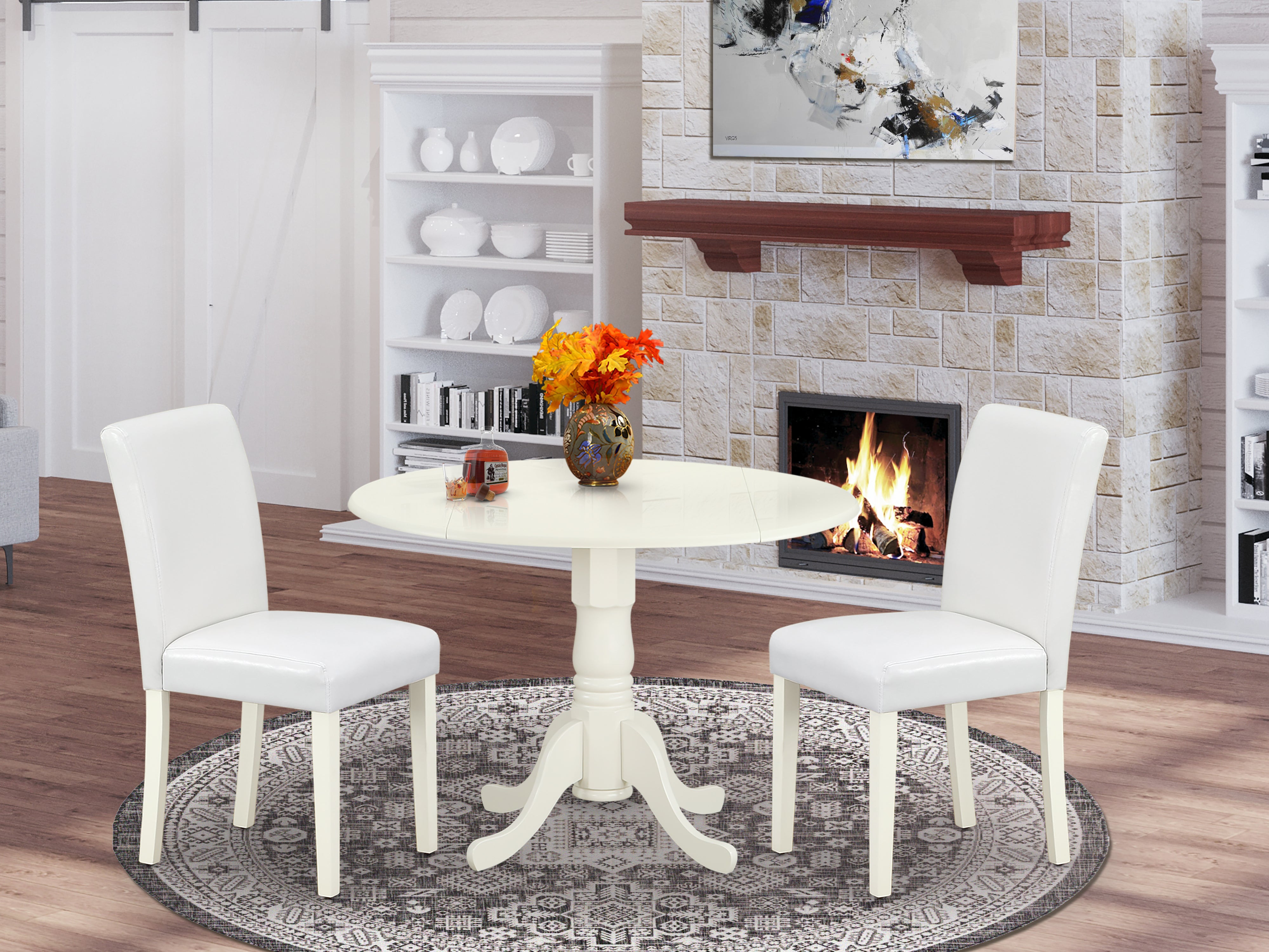DLAB3-LWH-64 3Pc Round 42" Dining Room Table With Two 9-Inch Drop Leaves And 2 Parson Chair With Linen White Leg And Pu Leather Color White