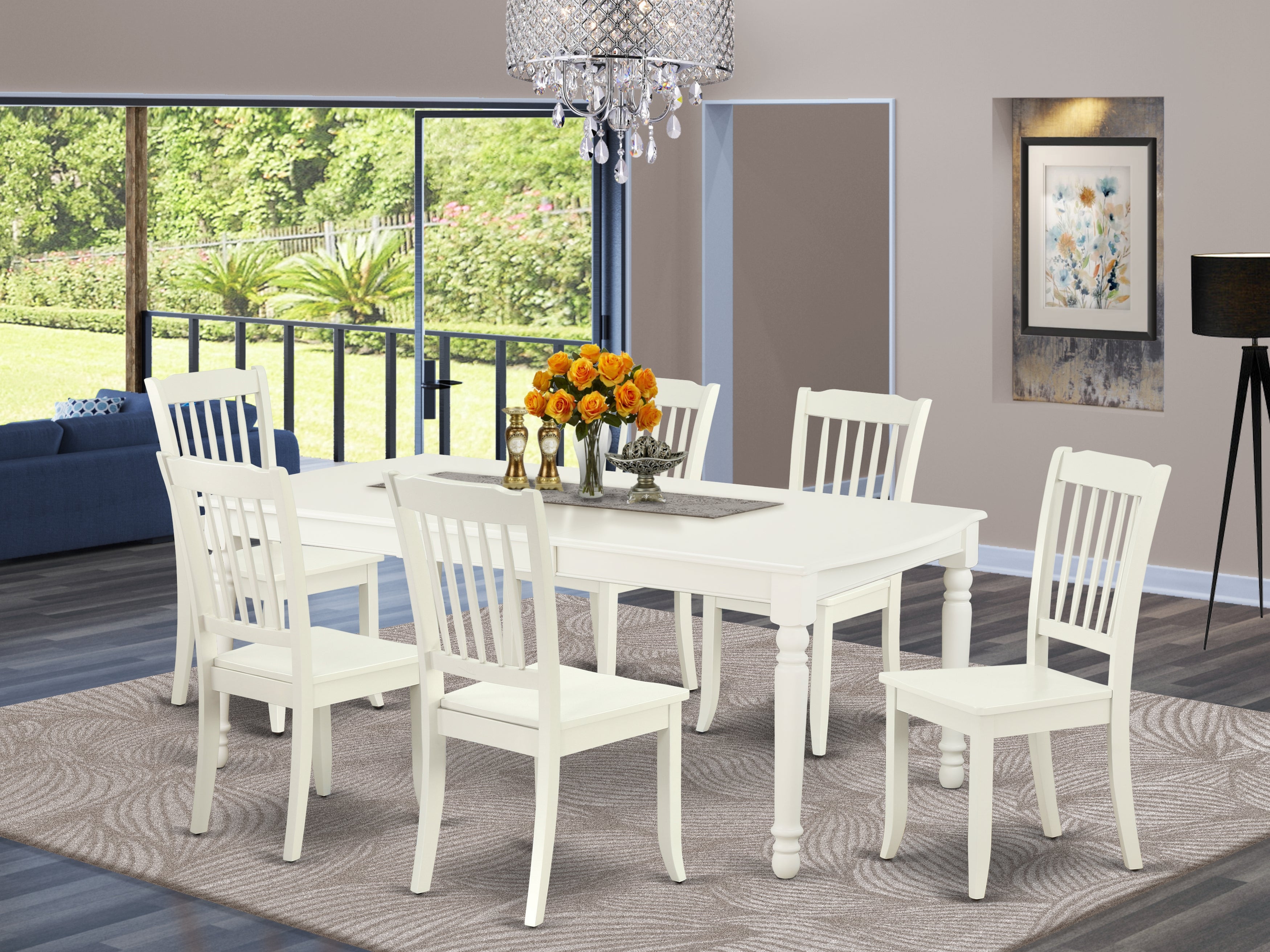DODA7-LWH-W 7PC Rectangular 60/78 inch Table with 18 In Leaf and 6 vertical slatted Chairs