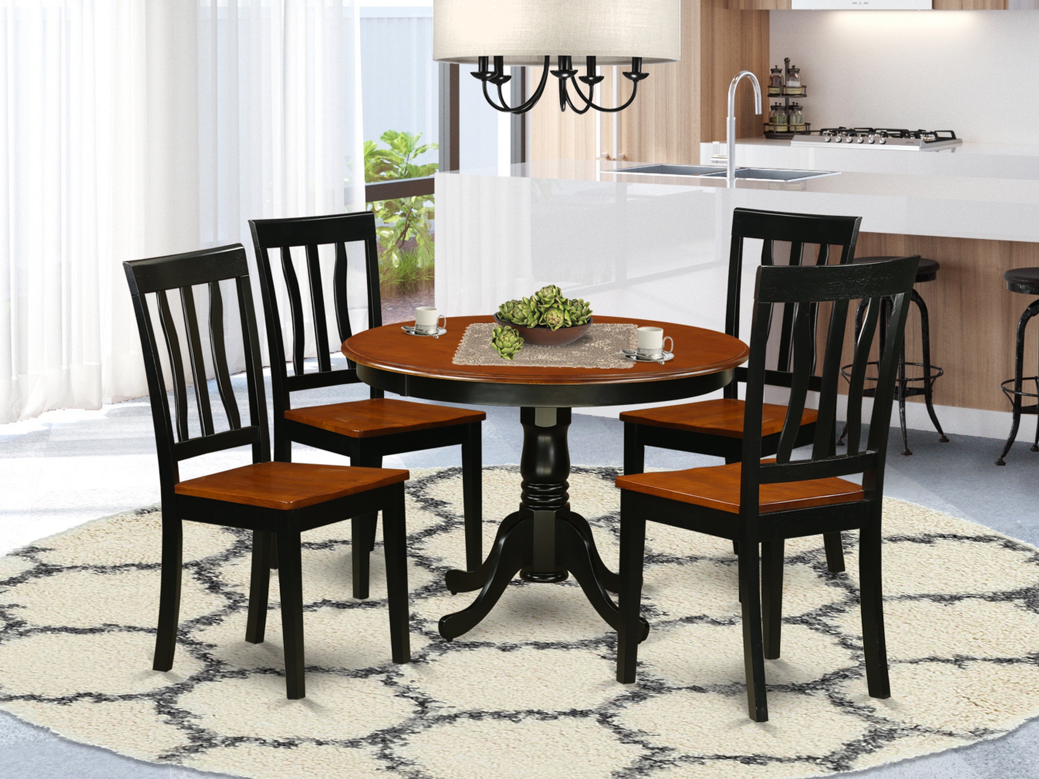 HLAN5-BCH-W 5 Pc set with a Round Dinette Table and 4 Wood Dinette Chairs in Black and Cherry