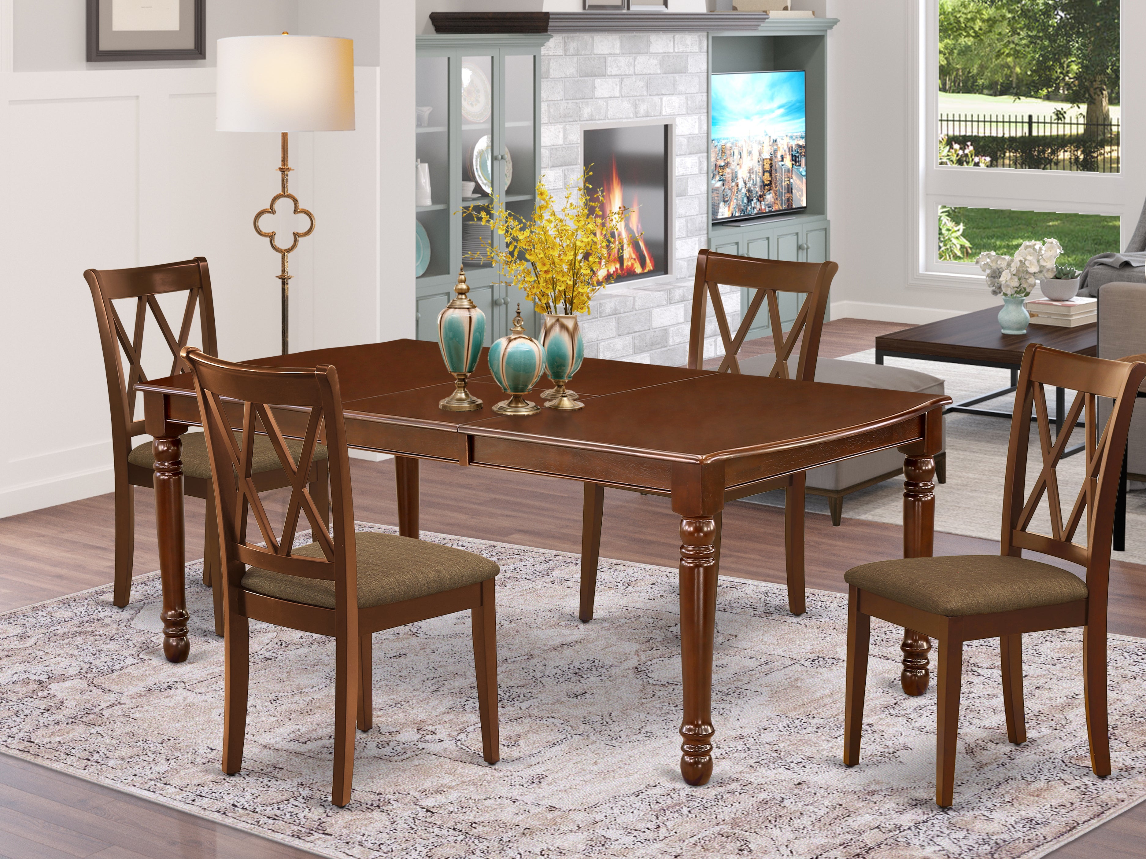 DOCL5-MAH-C 5Pc Dining Set Includes a Rectangle Dinette Table with Butterfly Leaf and Four Double X Back Microfiber Seat Kitchen Chairs, Mahogany Finish