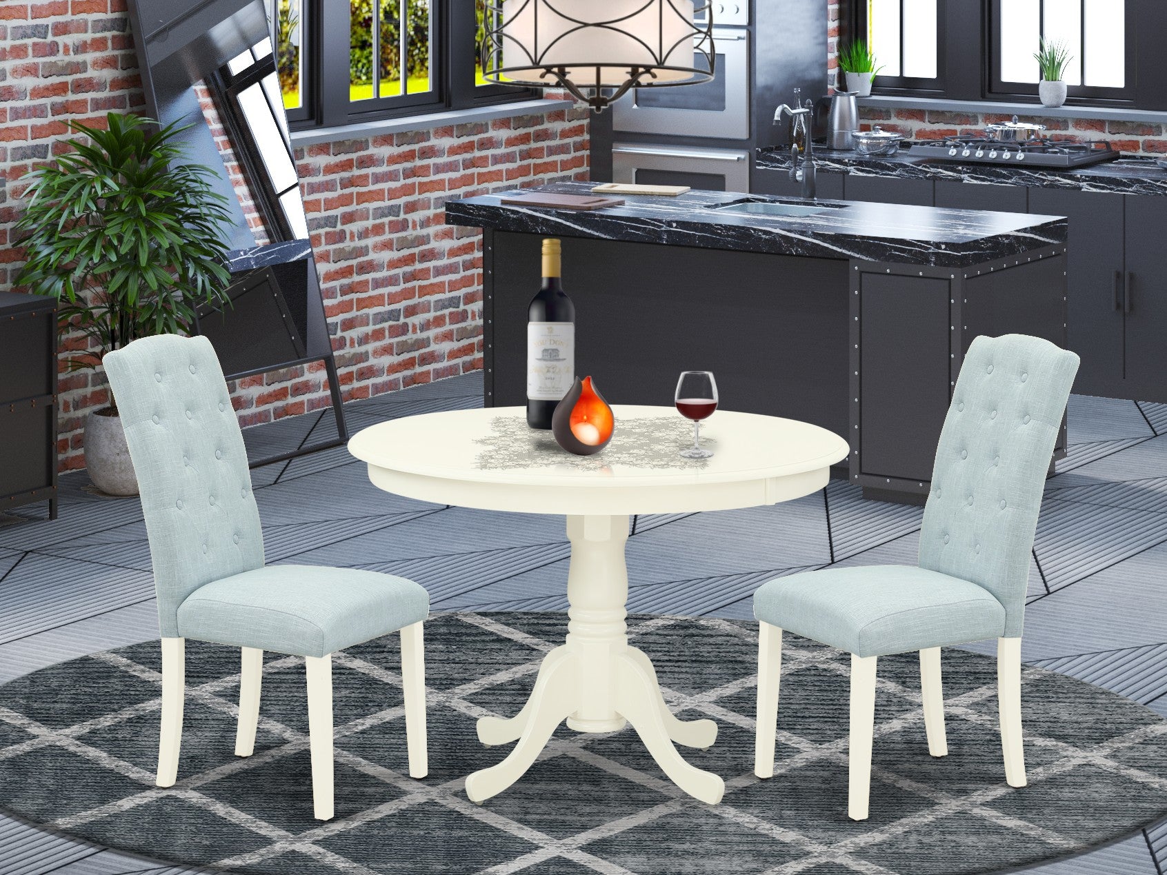 HLCE3-LWH-15 3Pc Dinette Set Includes a Rounded Kitchen Table and Two Parson Chairs with Baby Blue Fabric, Linen White Finish