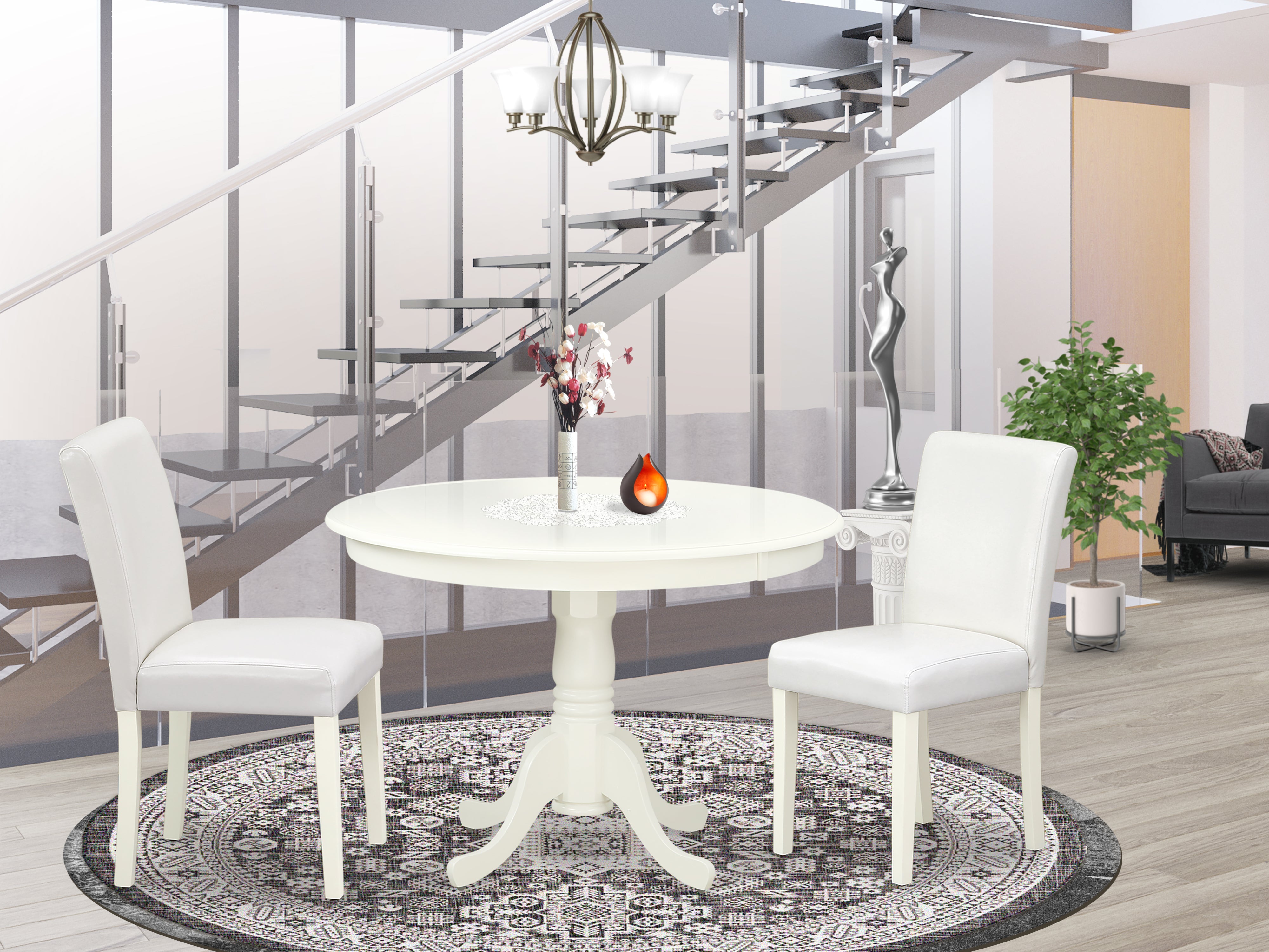 HLAB3-LWH-64 3Pc Round 42 Inch Kitchen Table And 2 Parson Chair With Linen White Leg And Pu Leather Color White