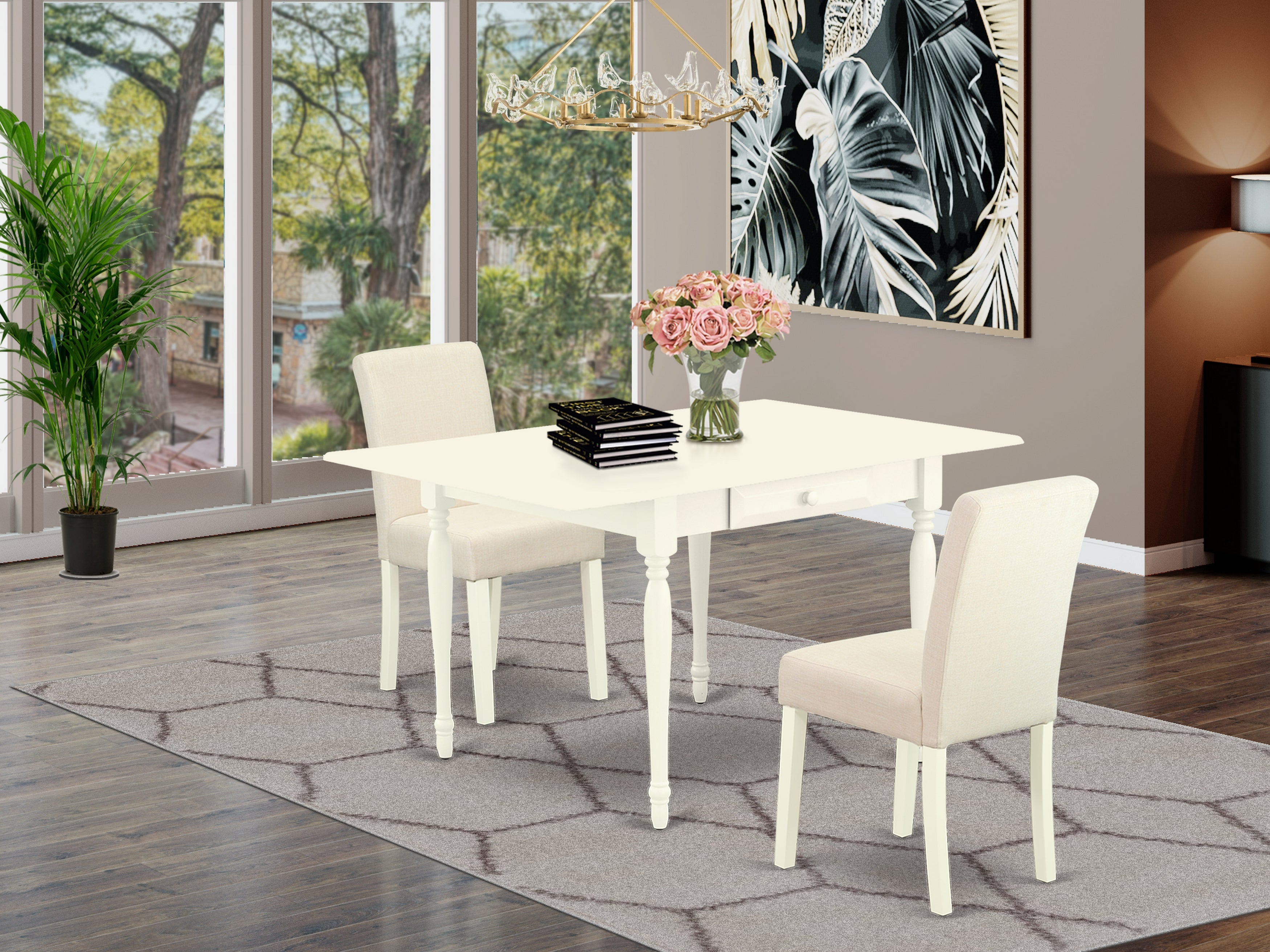 East West Furniture MZAB3-LWH-02 3Pc Dining Room Table Set Consists of a Wood Dining Table and 2 Upholstered Dining Chairs with Light Beige Color Linen Fabric, Drop Leaf Table with Full Back Chairs, Linen White Finish