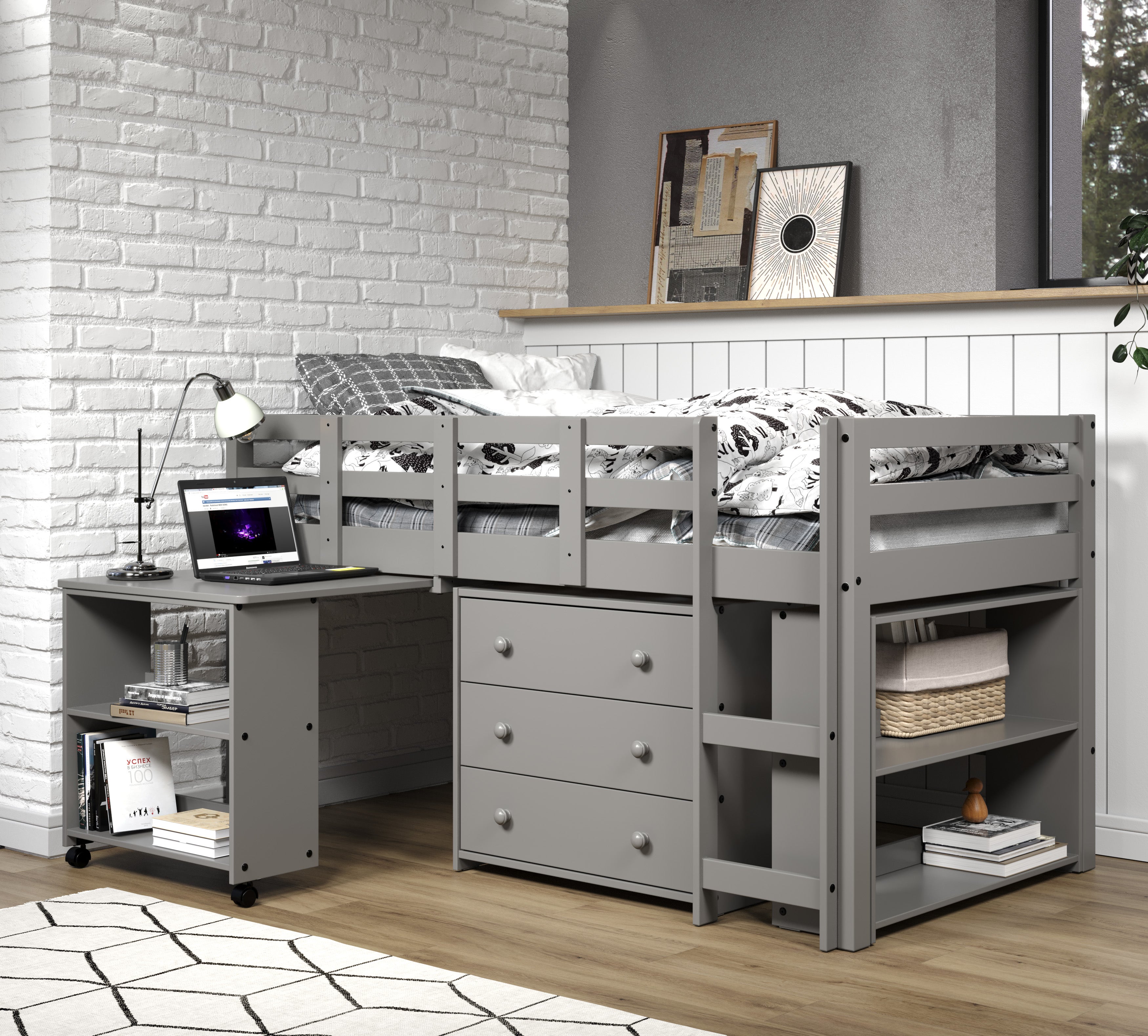 Grey Solid Wood Twin Kids Low Loft Bed frame With Rolling Desk, Drawers And Shelves