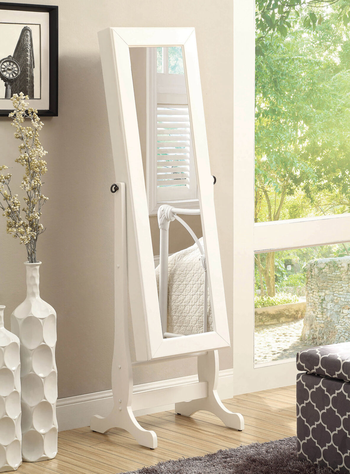 Coaster Free Standing Jewelry Storage Cheval Mirror With Drawers White 901804