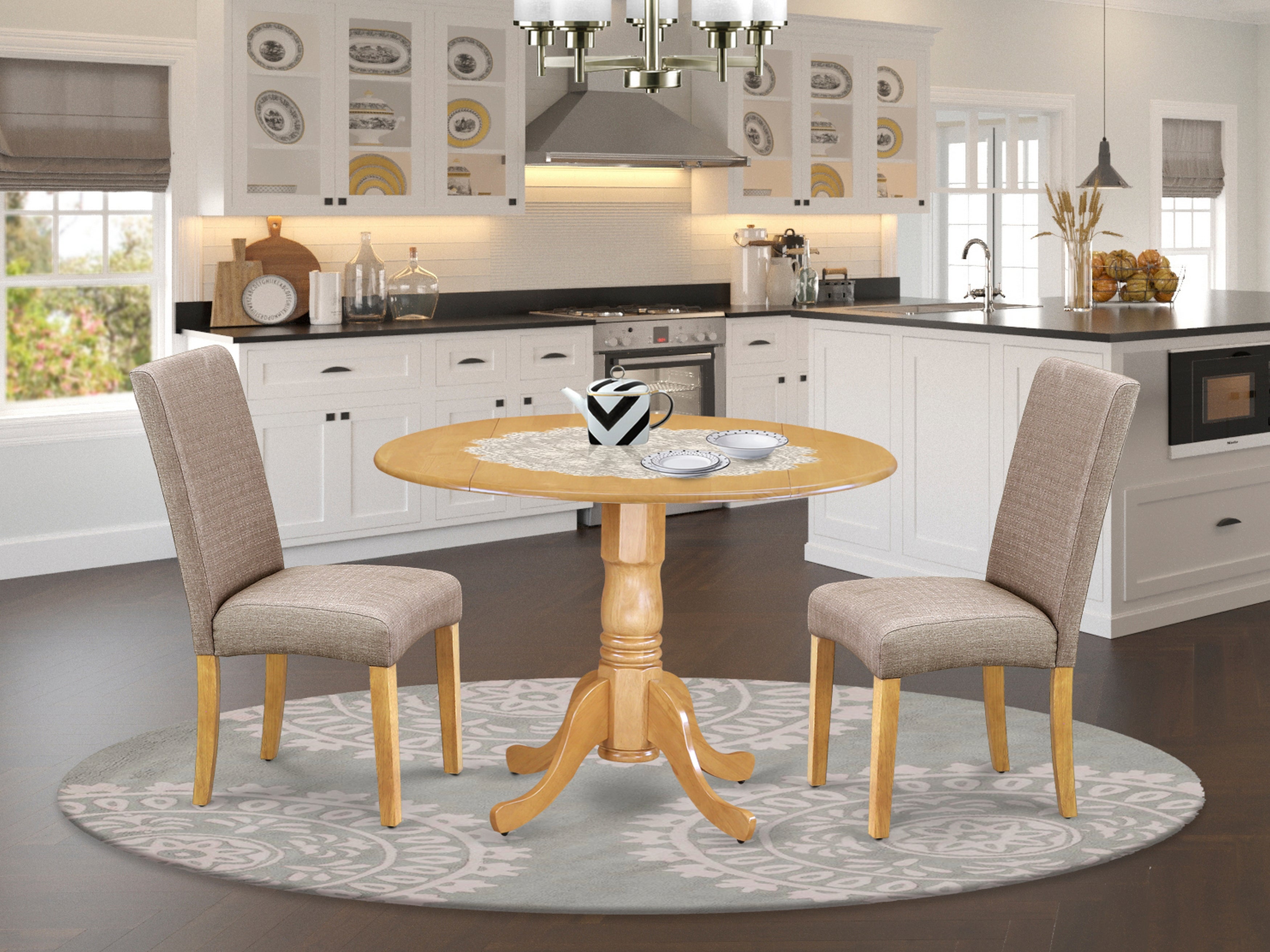 DLDR3-OAK-16 3Pc Round 42 Inch Dining Table With Two 9-Inch Drop Leaves And Two Parson Chair With Oak Finish Leg And Linen Fabric- Dark Khaki Color