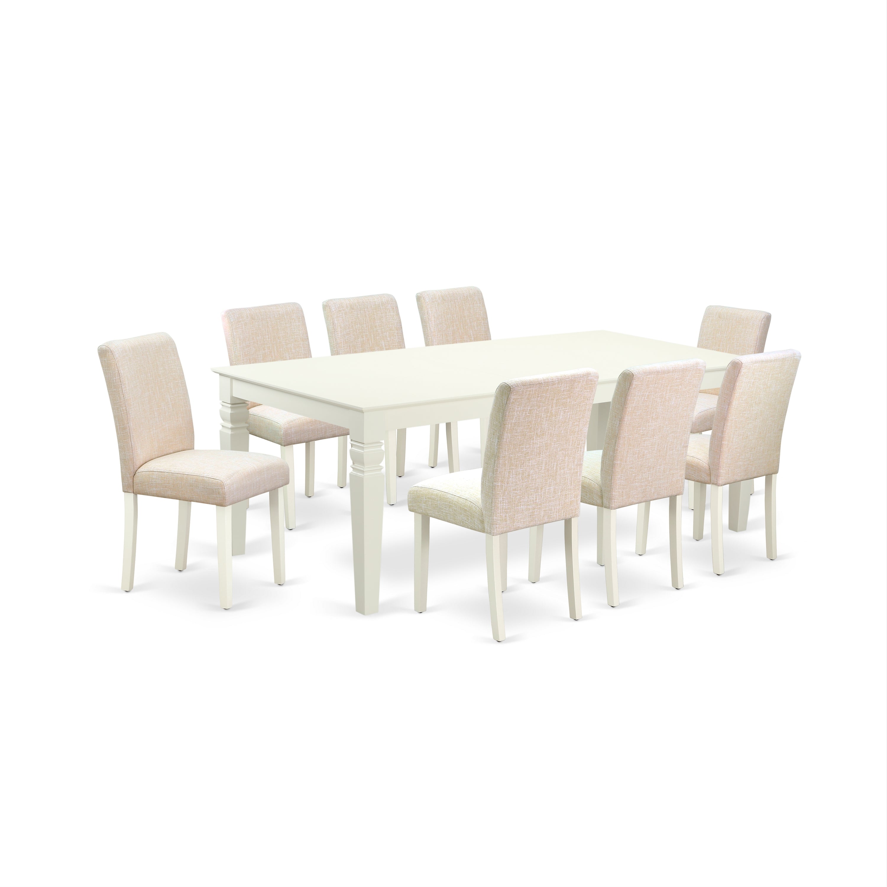 LGAB9-LWH-02 9Pc Rectangle 66/84 Inch Kitchen Table With 18 In Leaf And Eight Parson Chair With Linen White Leg And Linen Fabric Light Beige