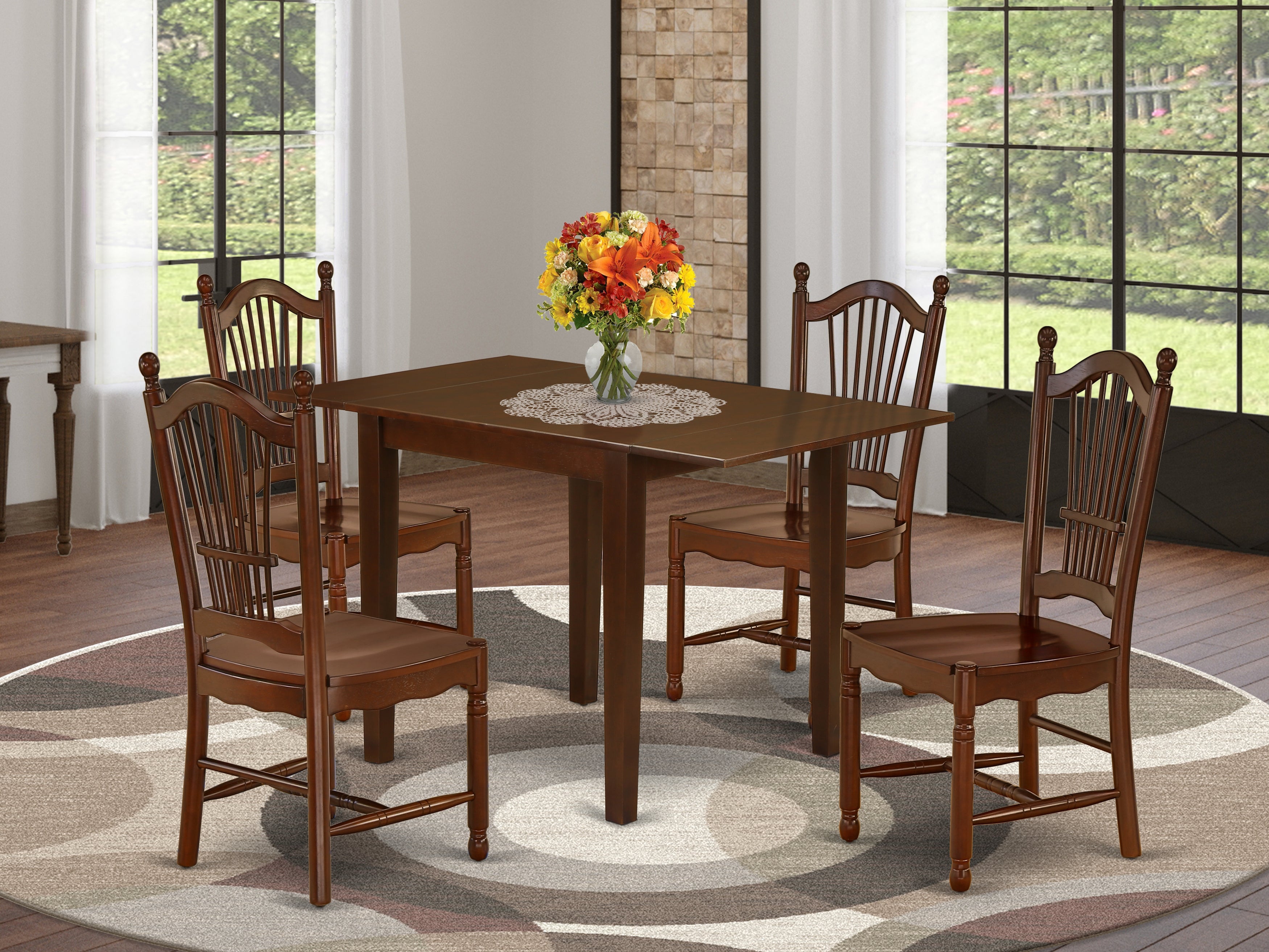 East West Furniture NDDO5-MAH-W Dining Room Table Set 5 Pcs- 4 Awesome Wooden Chairs and an Eye-catching Wood Table - Mahogany Finish Solid wood Chair Seat - Mahogany Finish Hardwood Frame.