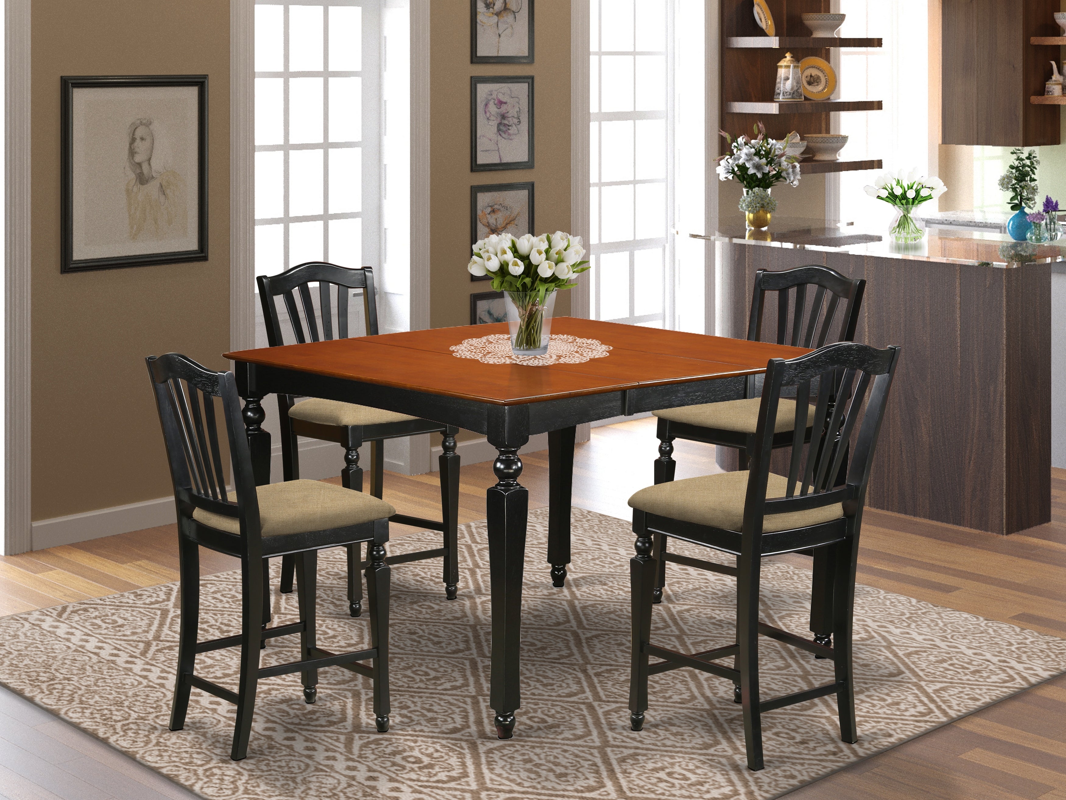 CHEL5-BLK-C 5 Pc counter height set- Square gathering Table and 4 counter height Chairs