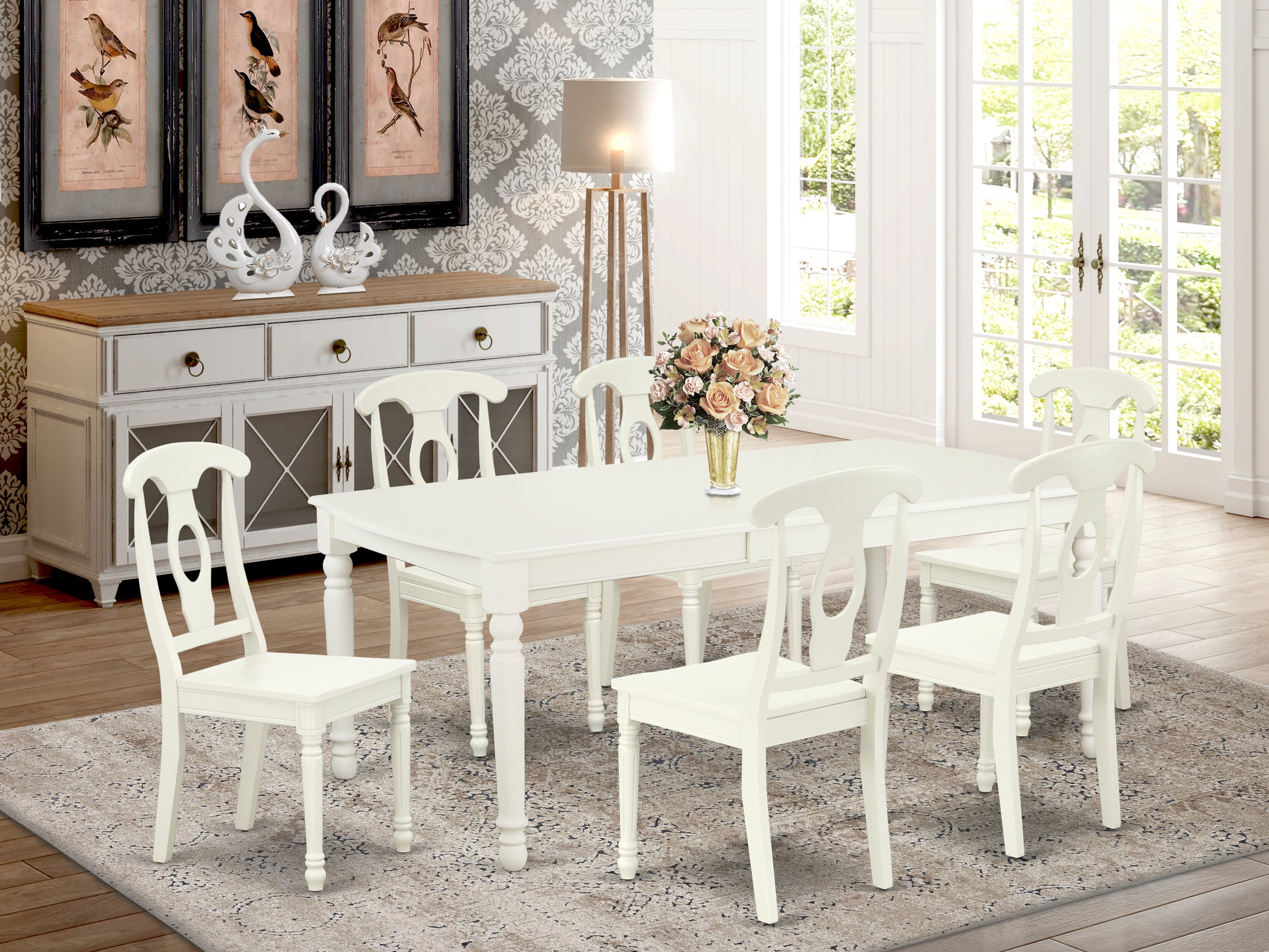 DOKE7-LWH-W 7PC Rectangular 60/78 inch Table with 18 In Leaf and 6 Panel Back Chairs