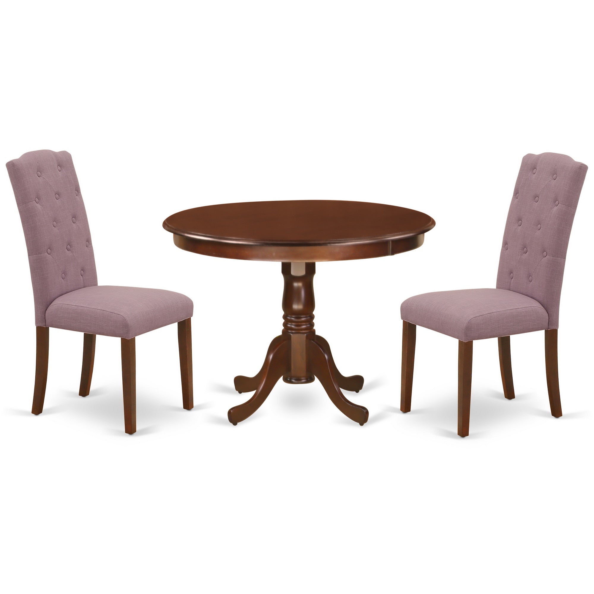 HLCE3-MAH-10 3Pc Dinette Set Includes a Rounded Kitchen Table and Two Parson Chairs with Dahlia Fabric, Mahogany Finish