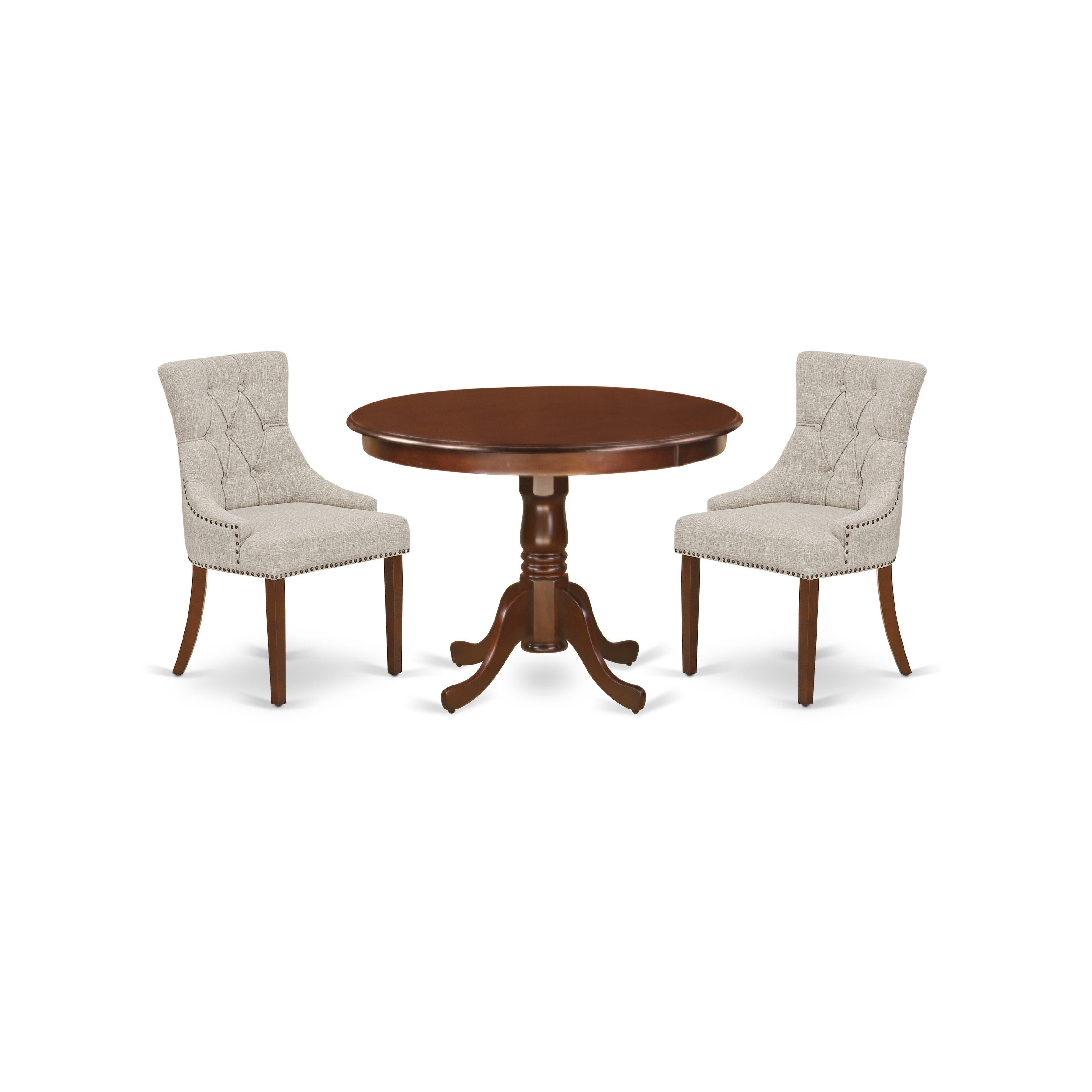HLFR3-MAH-05 3Pc Dinette Set Includes a Rounded Kitchen Table and Two Parson Chairs with Doeskin Fabric, Mahogany Finish