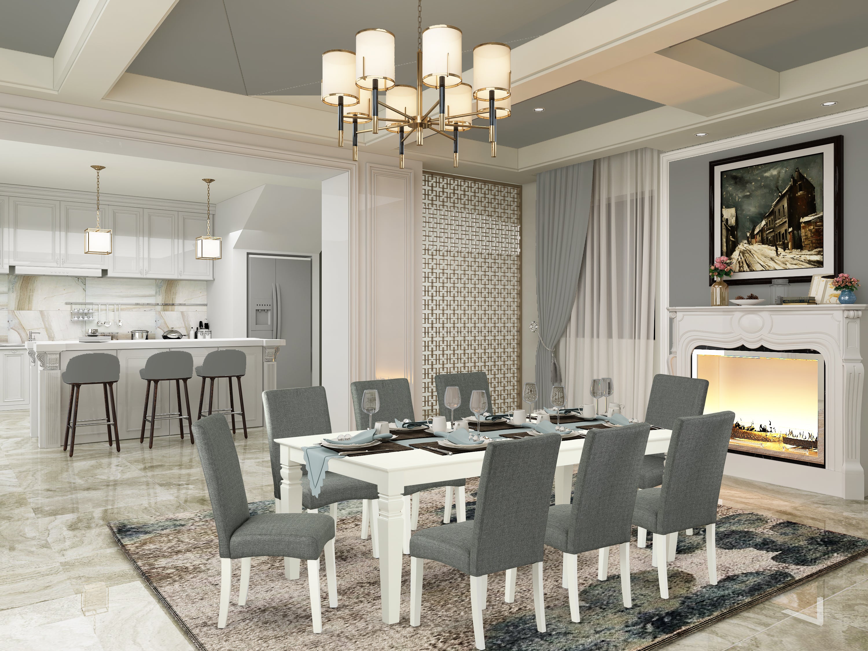 LGDR9-LWH-07 9Pc Rectangle 66/84 Inch Kitchen Table With 18 In Leaf And Eight Parson Chair With Linen White Finish Leg And Linen Fabric- Gray Color