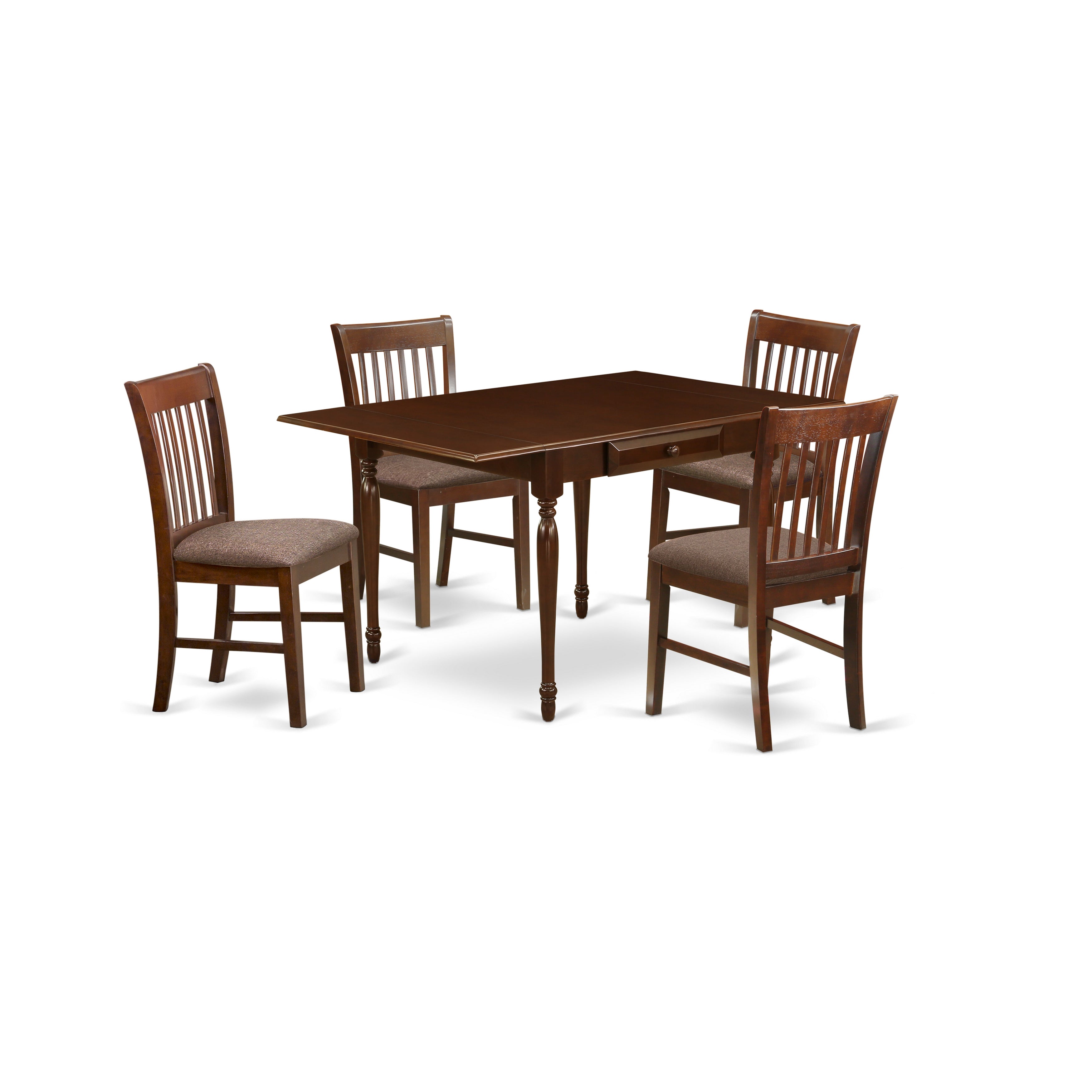 East West Furniture MZNO5-MAH-C 5 Pieces Dining Room Table set - Robust Two 9-Inch Drop Down Leaves Real Wood Dinette Table and 4 Chocolate Microfiber Upholstery Seat Wooden Dining Chairs, Mahogany Finish