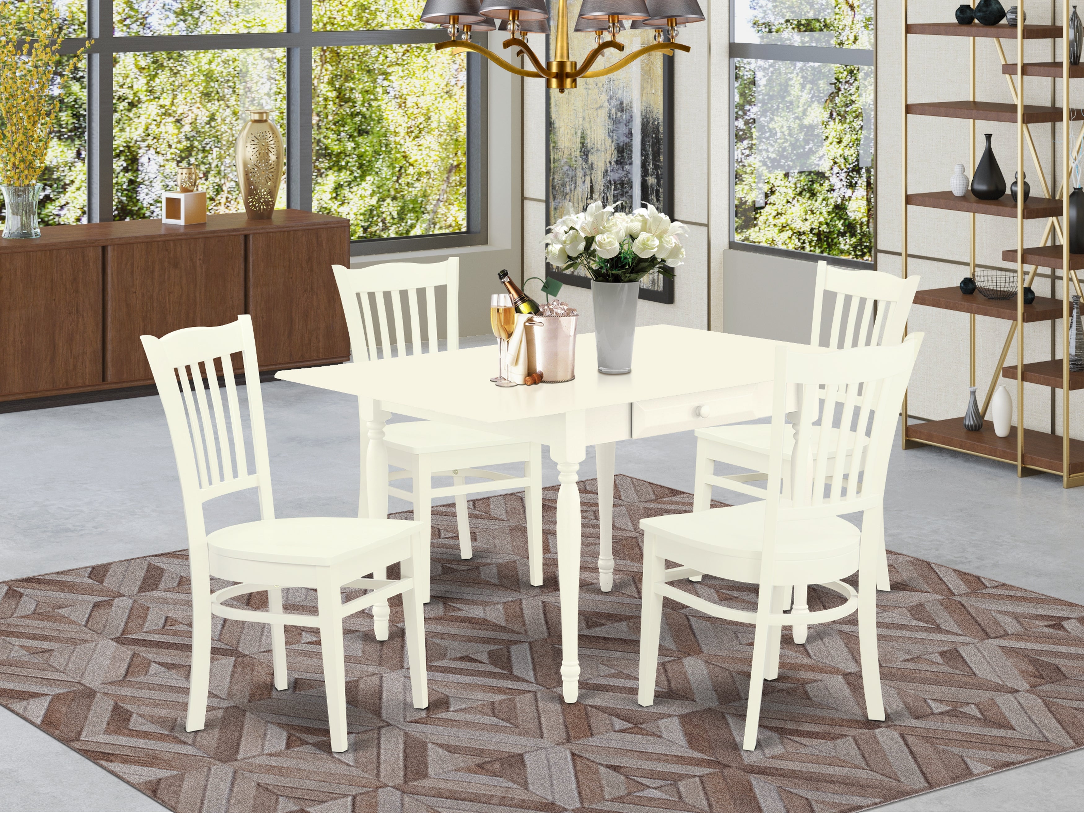 East West Furniture MZGR5-LWH-W 5 Pieces Kitchen Table set - Durable Drop Leaf Wooden Rectangular Table and 4 Real Wood Seat Kitchen Dining Chairs, Linen White Finish
