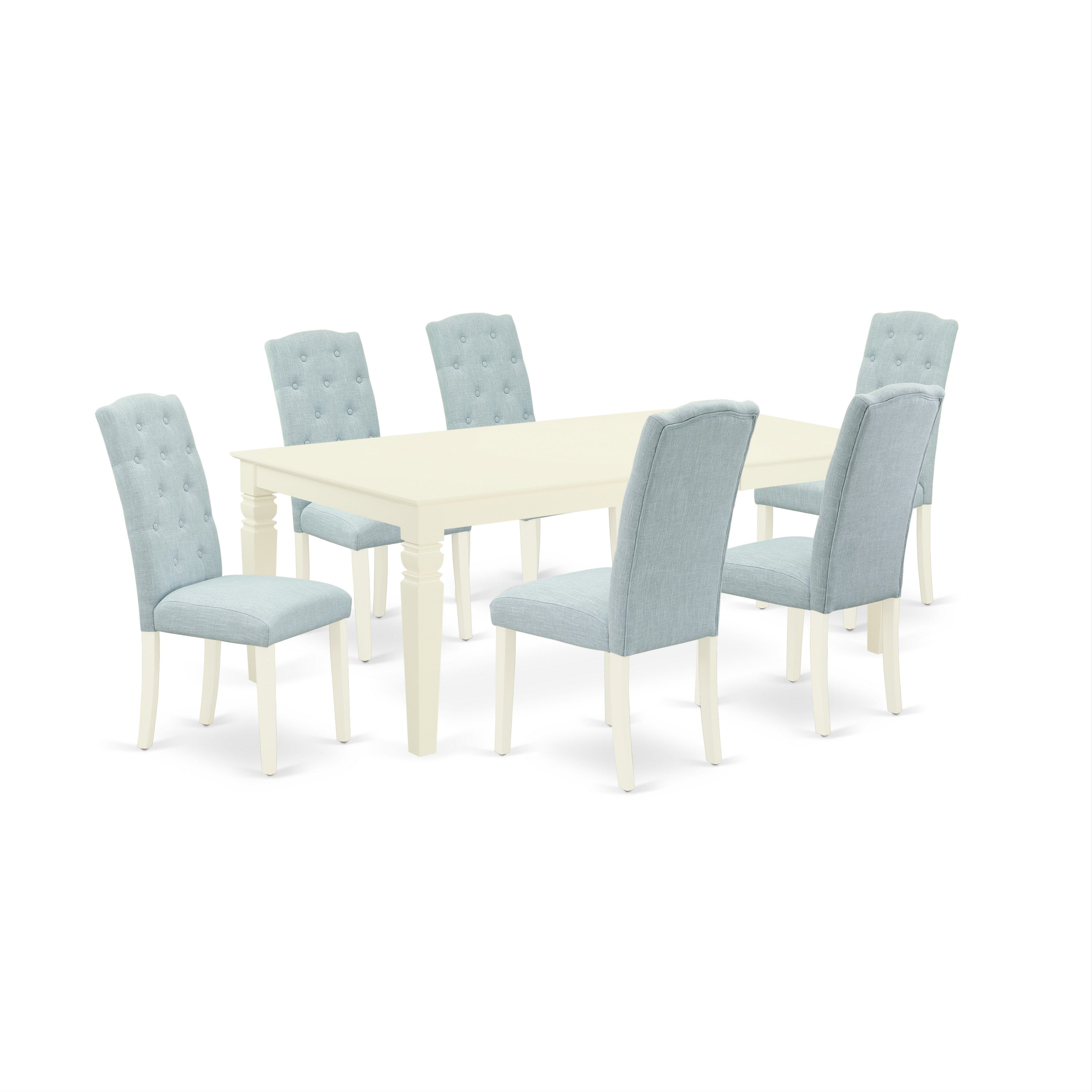 LGCE7-LWH-15 7Pc Dinette Set Includes a Rectangular Kitchen Table with Butterfly Leaf and Six Parson Chairs with Baby Blue Fabric, Linen White Finish
