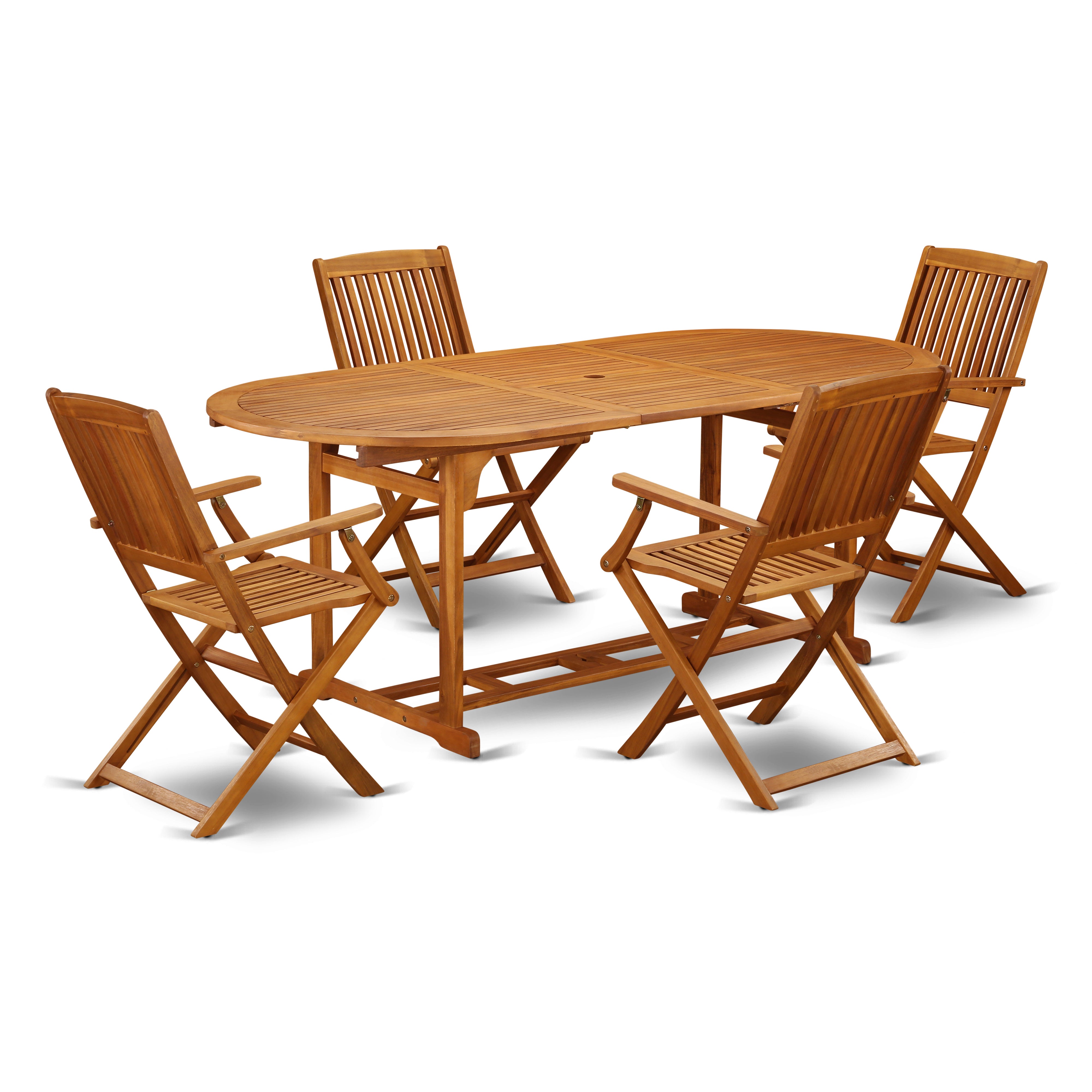 BSCM5CANA This 5 Pc Acacia Backyard Sets provides you one Outdoor-Furniture table and four patio dining chairs