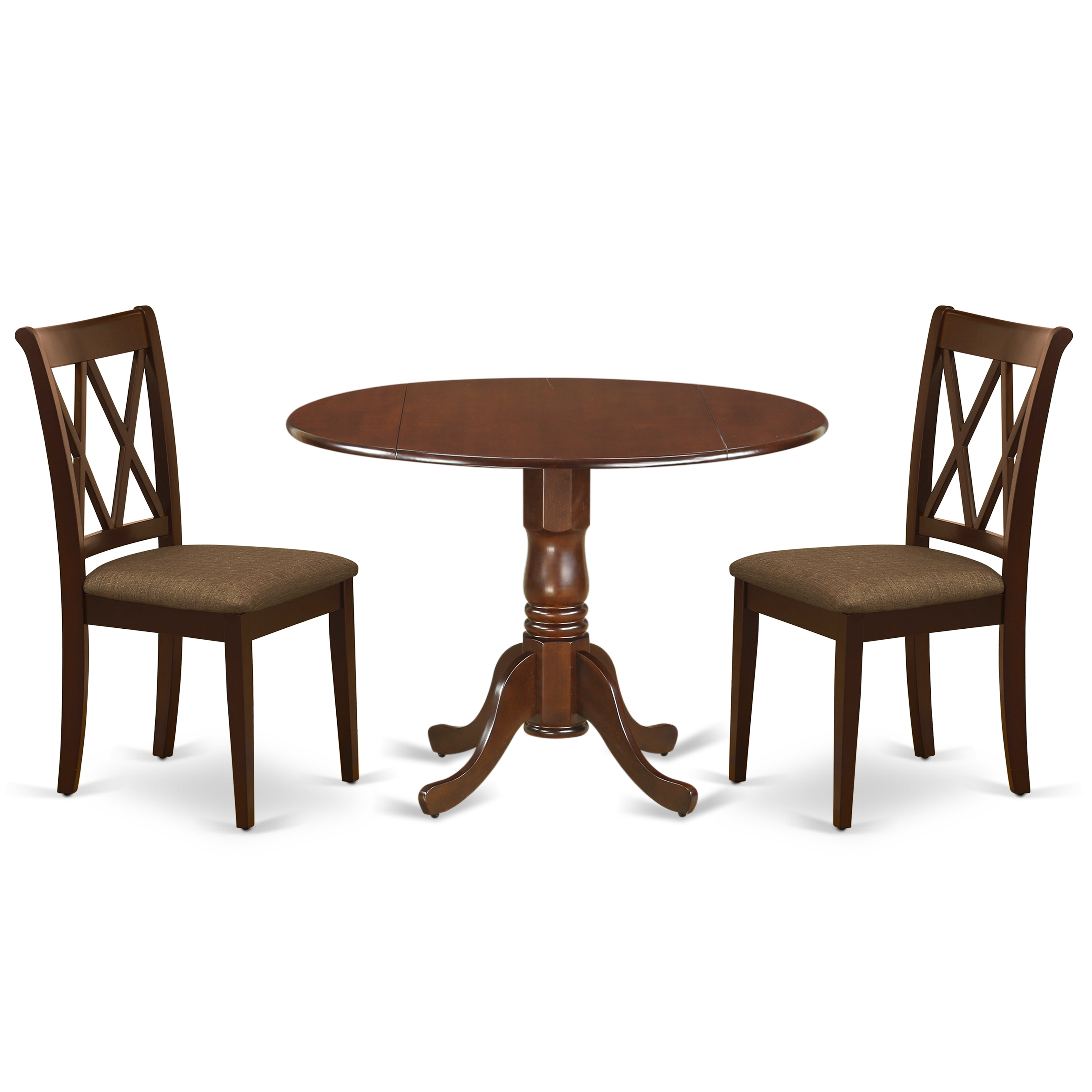 DLCL3-MAH-C 3Pc Dinette Set Includes a Rounded Kitchen Table with Drop Leaves and Two Double X Back Microfiber Seat Dining Chairs, Mahogany Finish