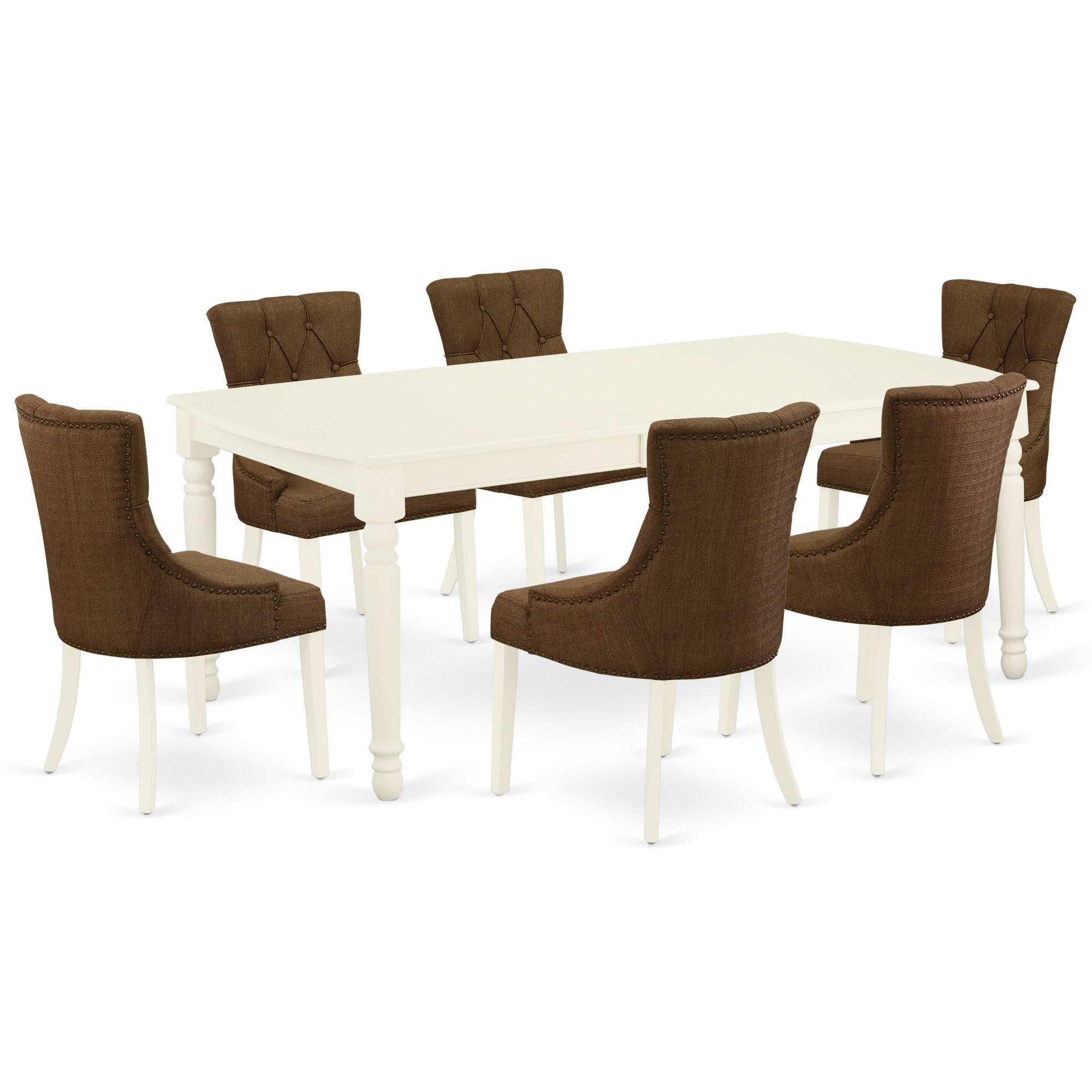 DOFR7-LWH-18 7Pc Dinette Set Includes a Rectangular Kitchen Table with Butterfly Leaf and Six Parson Chairs with Dark Coffee Fabric, Linen White Finish