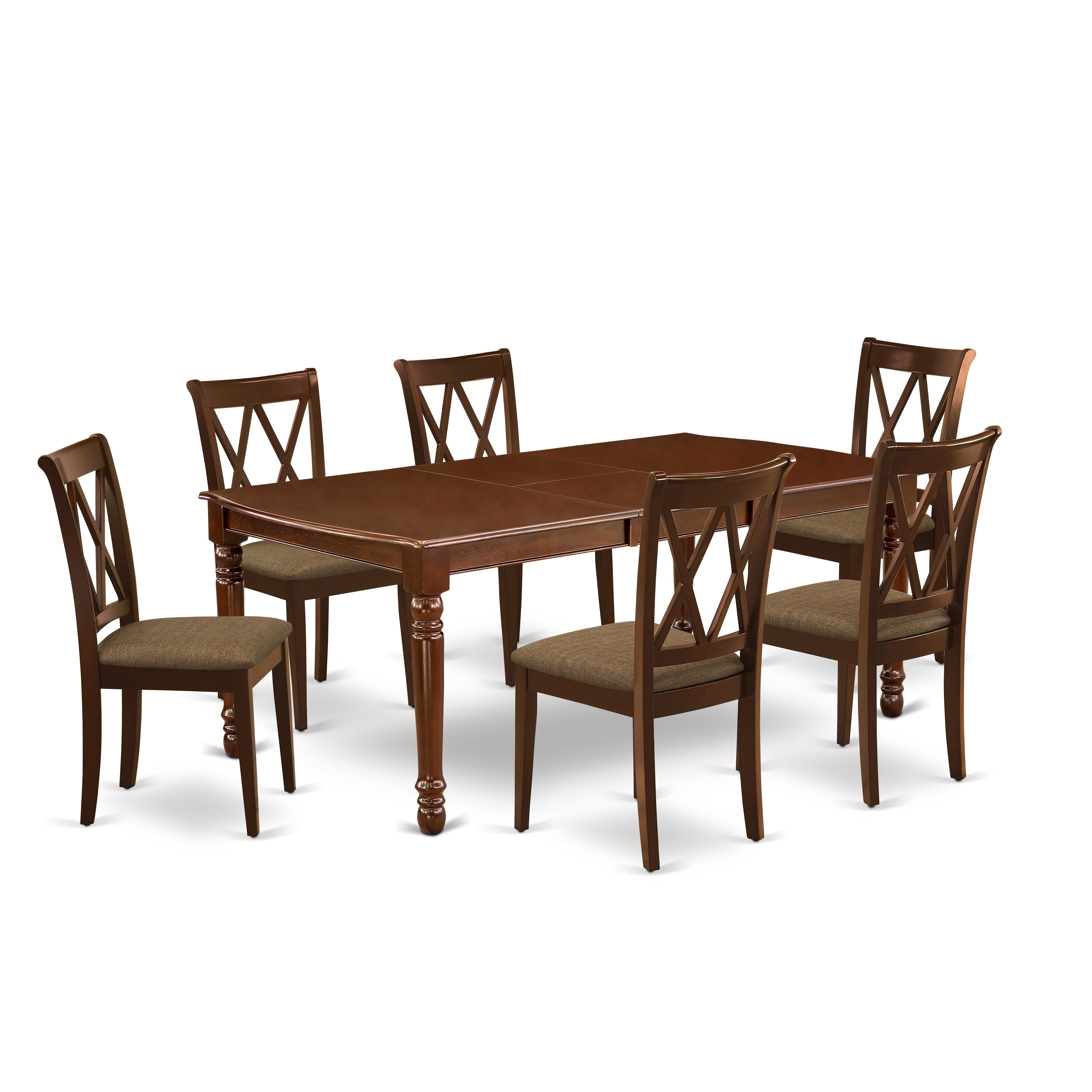 DOCL7-MAH-C 7Pc Dinette Set Includes a Rectangular Kitchen Table with Butterfly Leaf and Six Double X Back Microfiber Seat Dining Chairs, Mahogany Finish