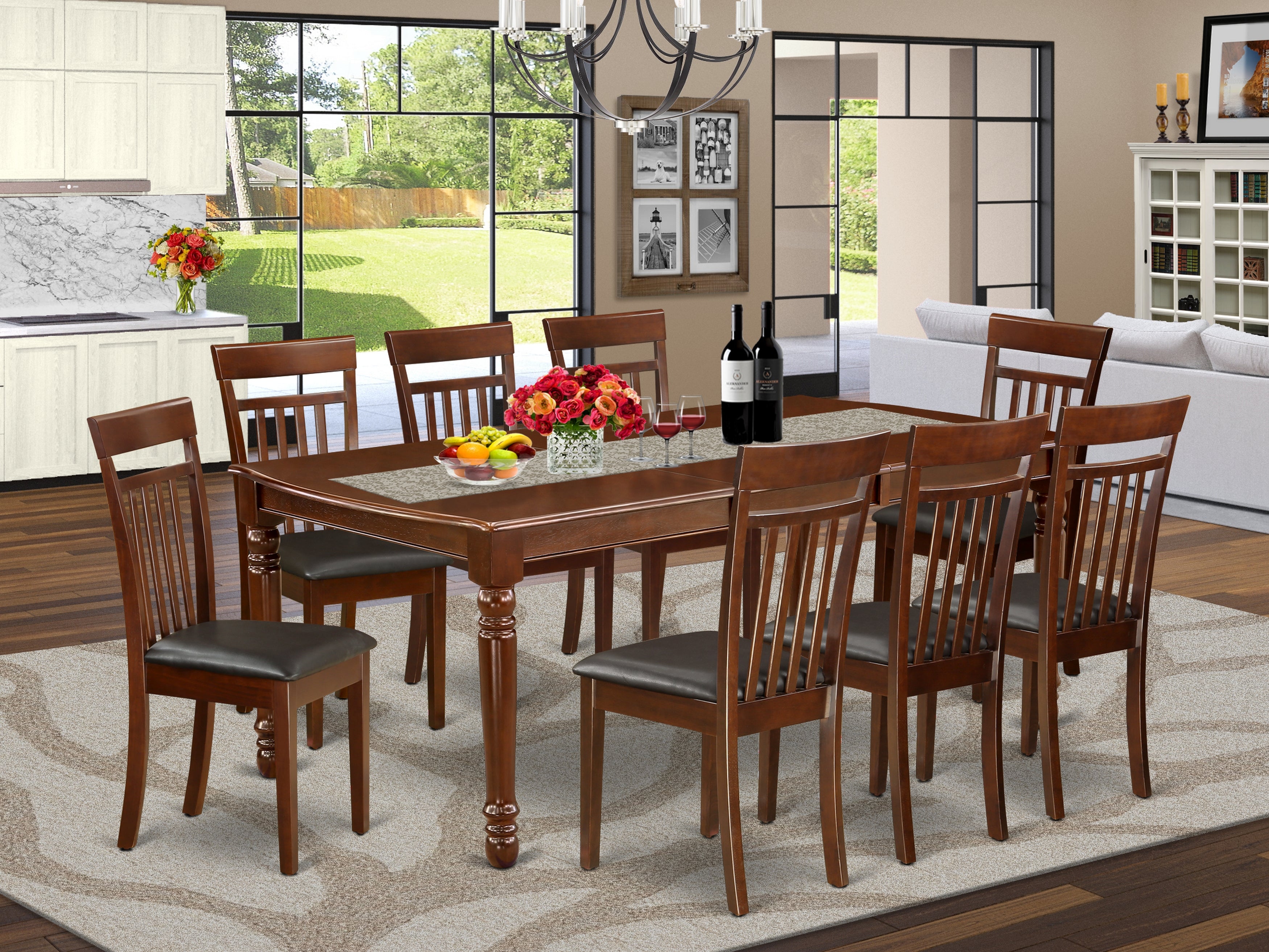 DOCA9-MAH-LC 9Pc Rectangular 60/78" Dining Table With 18 In Self Storing Butterfly Leaf And 8 Faux Leather Seat Chairs