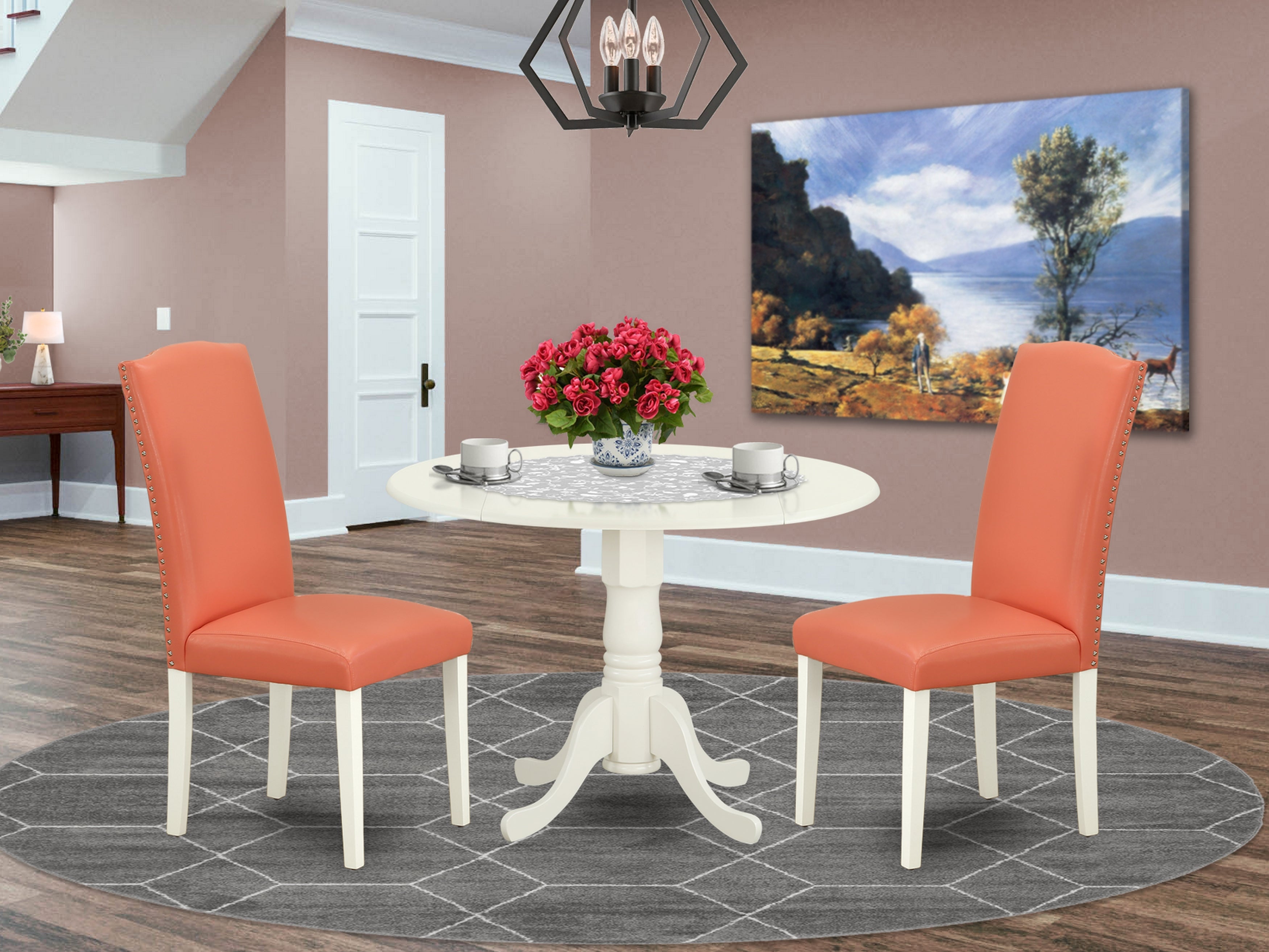 DLEN3-LWH-78 3Pc Round 42 Inch Kitchen Table With Two 9-Inch Drop Leaves And A Pair Of Parson Chair With Linen White Leg And Pu Leather Color Pink Flamingo