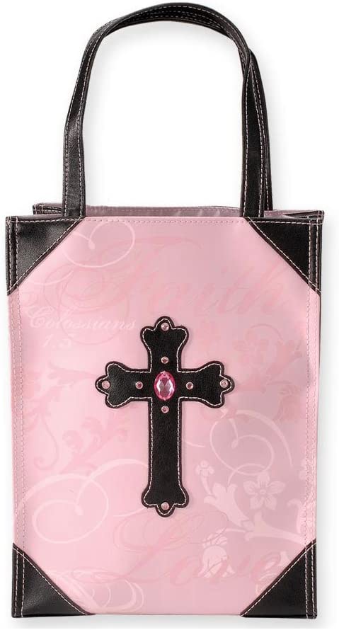 Enesco Redeemed, Fabric Shoppers Tote, Pink with Jeweled Cross Appliqué