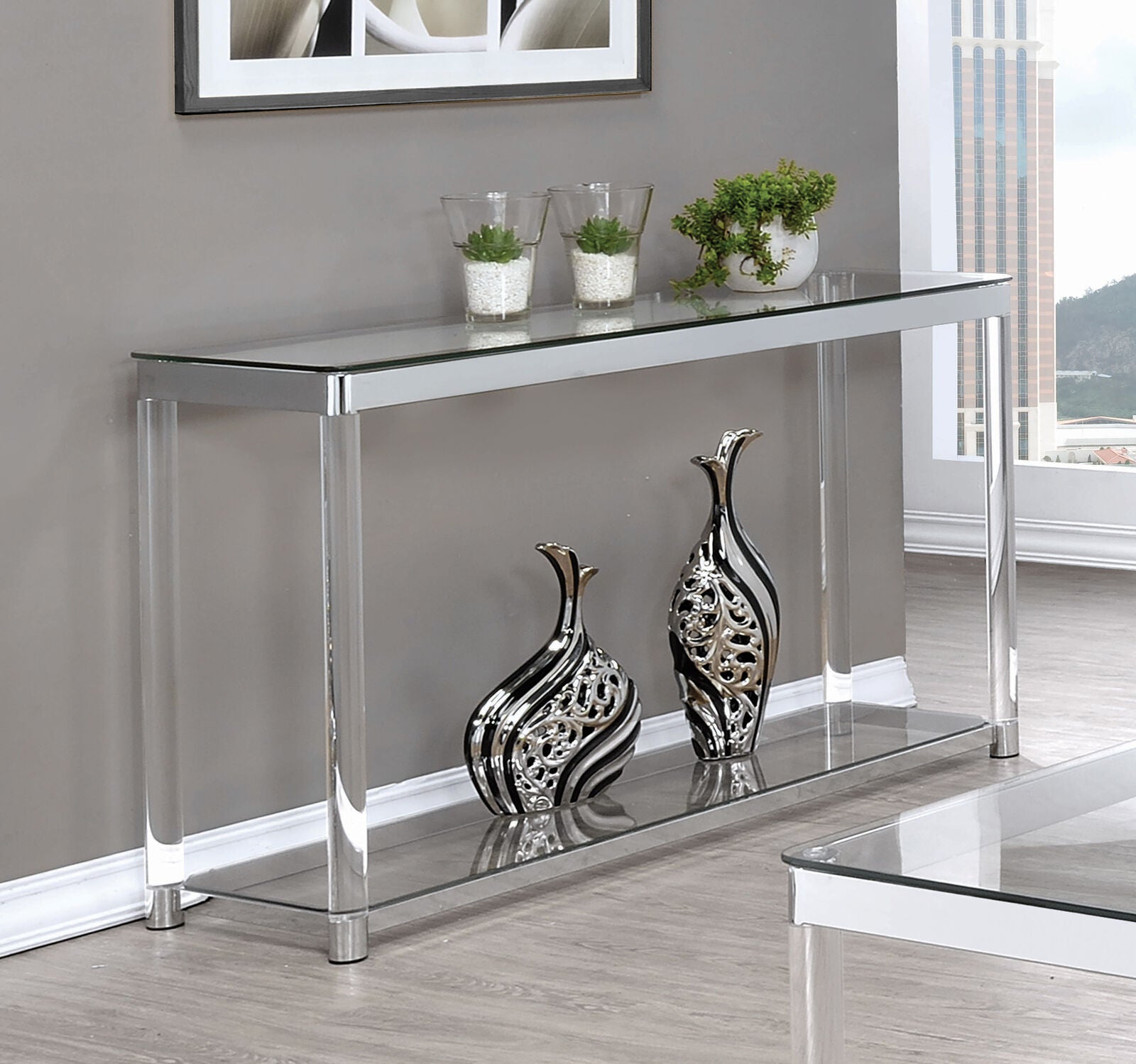 Contemporary Claude Sofa Accent Table With Lower Shelf Chrome And Clear 720749