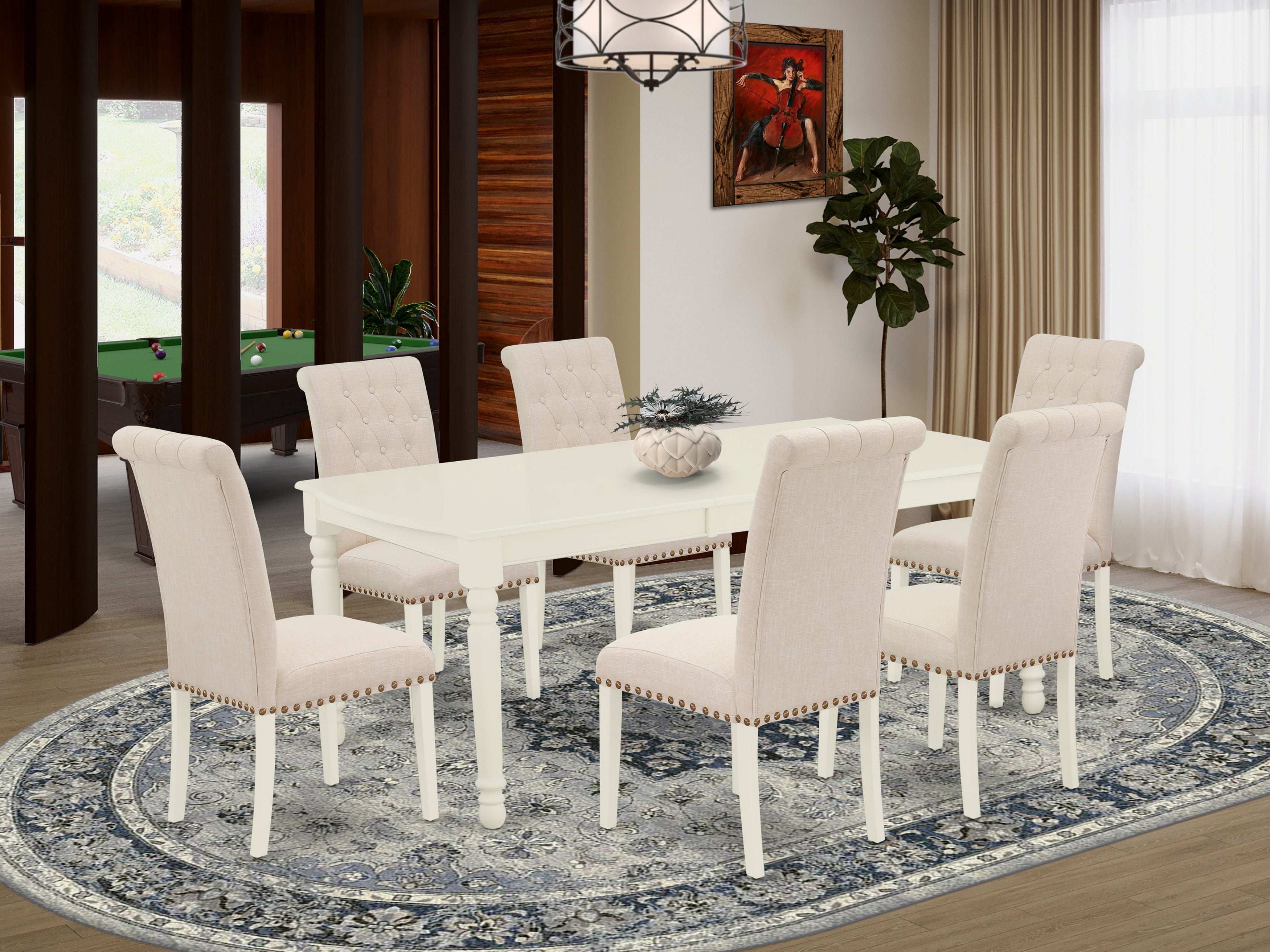 DOBR7-LWH-02 7Pc Dinette Set Includes a Rectangular Kitchen Table with Butterfly Leaf and Six Parson Chairs with Light Beige Fabric, Linen White Finish