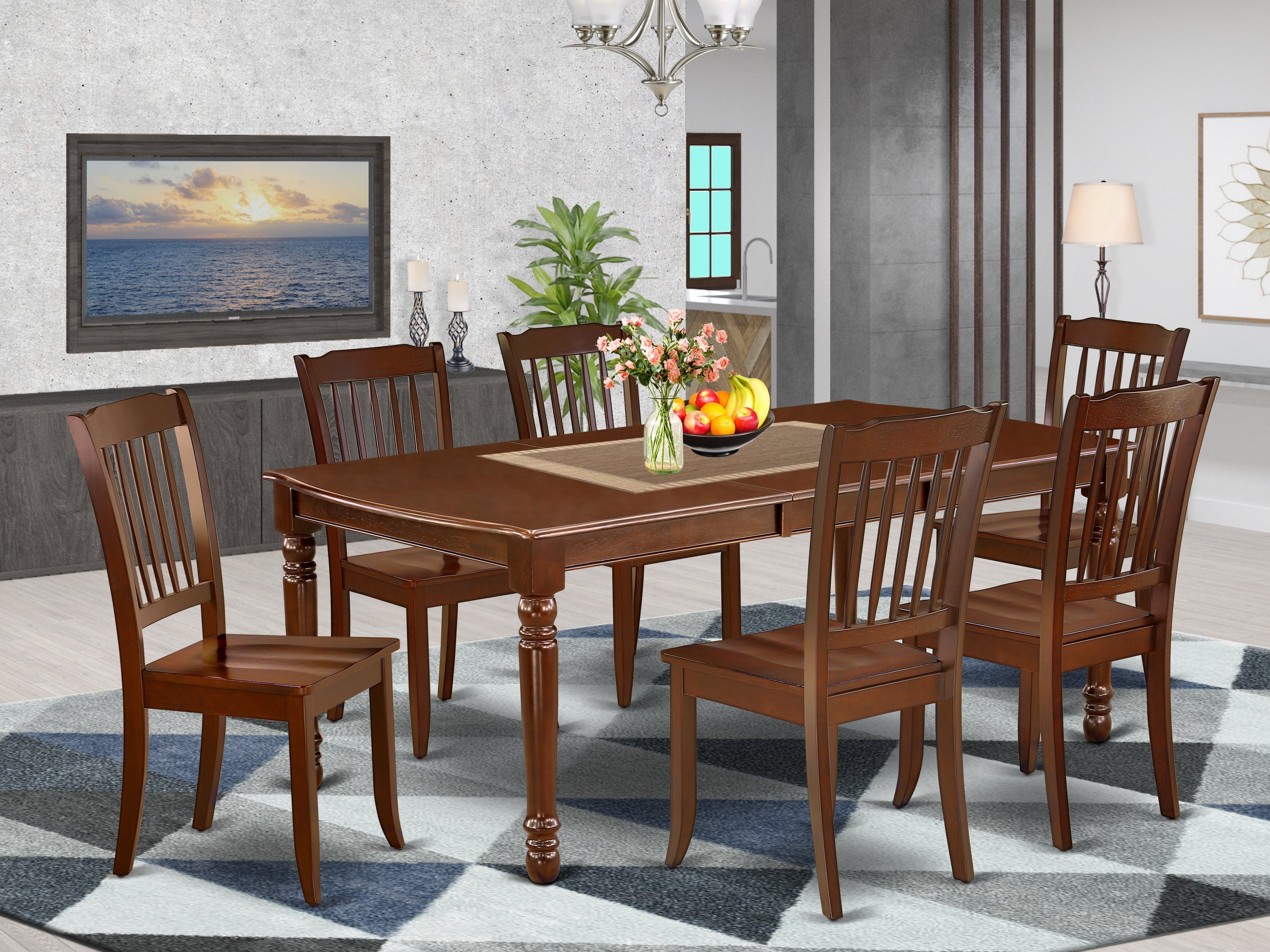 DODA7-MAH-W 7PC Rectangular 60/78 inch Table with 18 In Leaf and 6 vertical slatted Chairs
