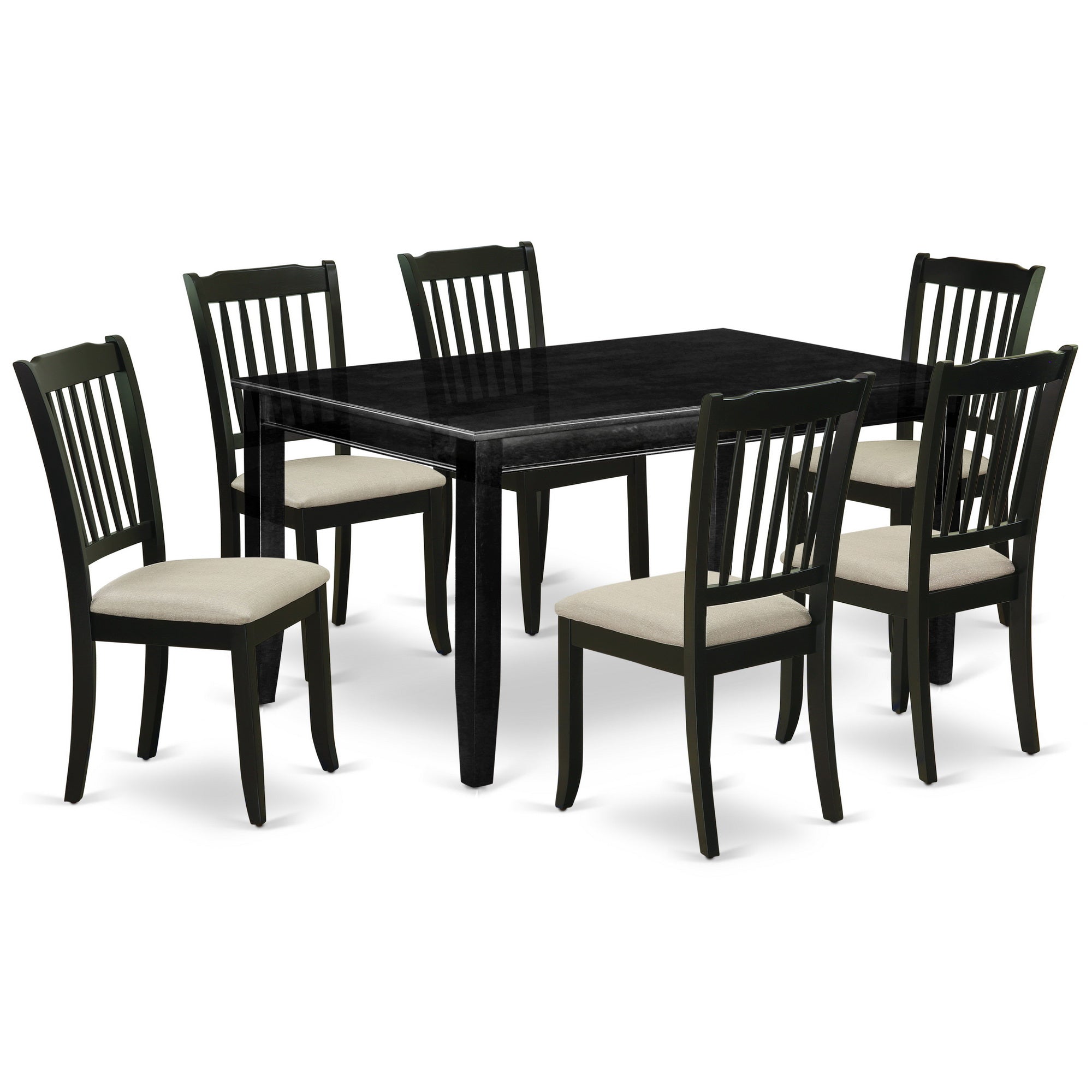 DUDA7-BLK-C 7Pc Dinette Set Includes a Rectangular Kitchen Table and Six Vertical Slatted Microfiber Seat Dining Chairs, Black Finish