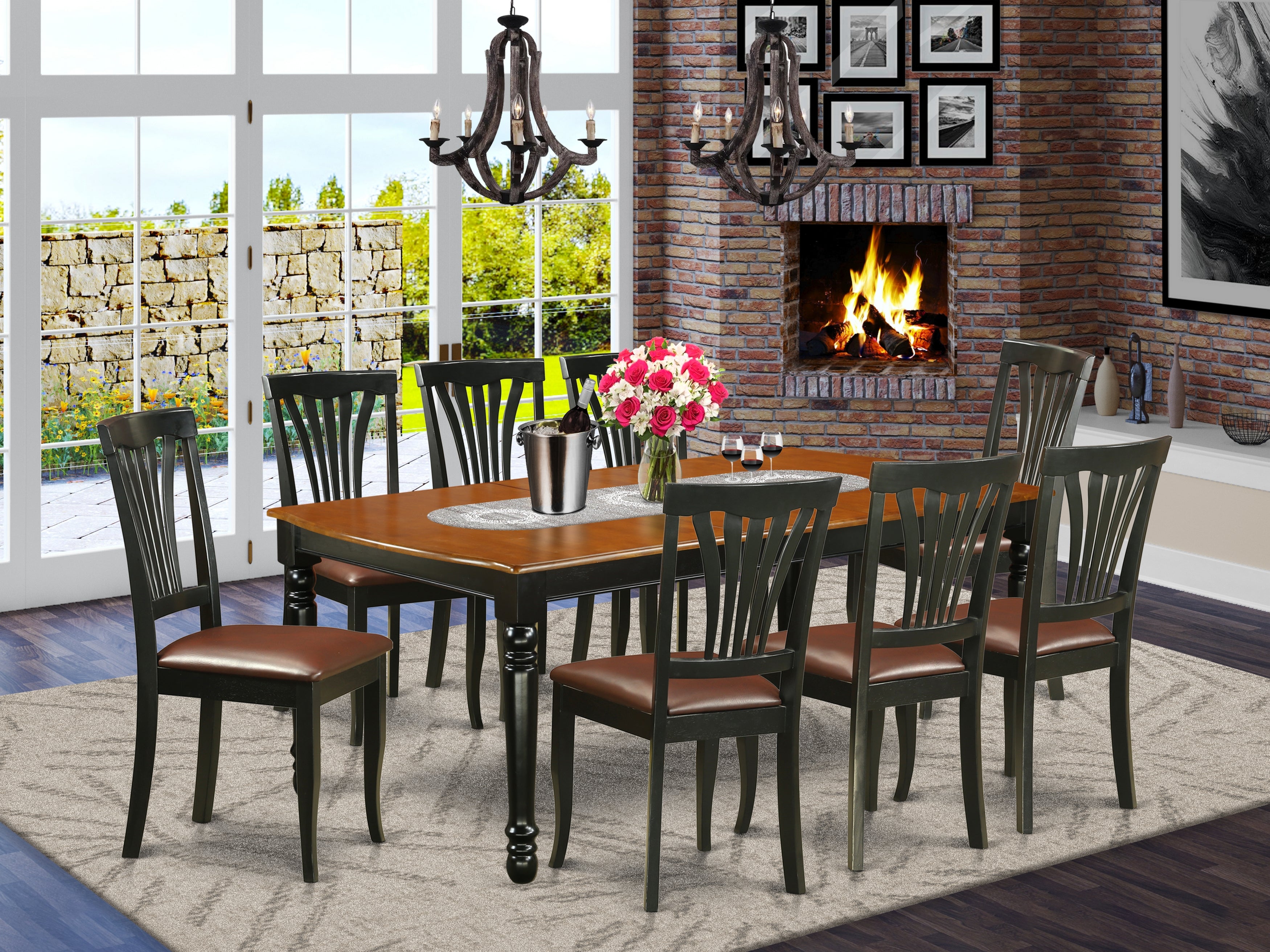 DOAV9-BCH-LC 9 PC kitchen tables and chair set with one Dover dining table and 8 kitchen chairs in a Black and Cherry Finish