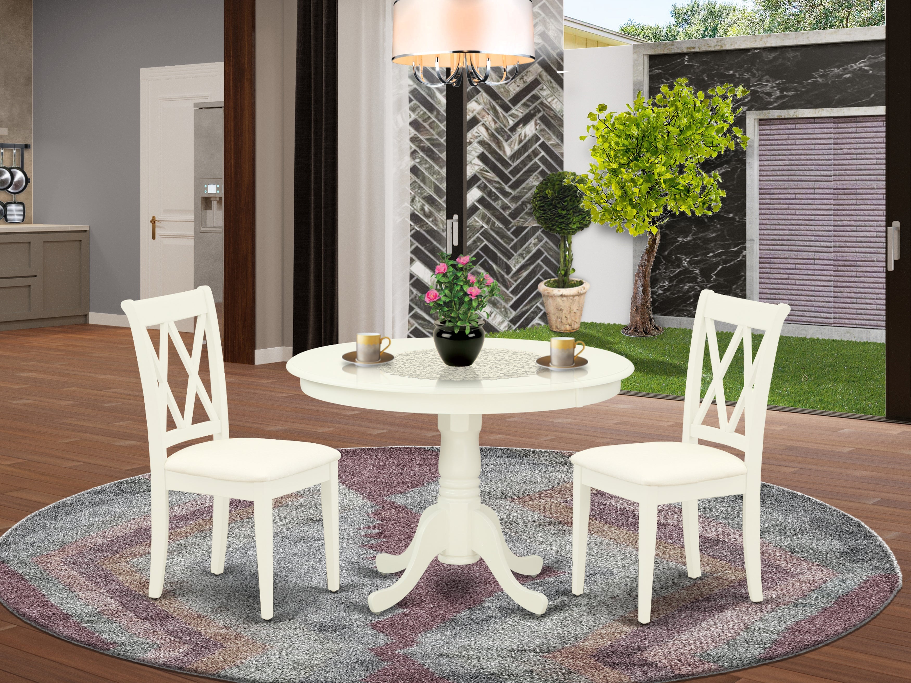 HLCL3-LWH-C 3Pc Dinette Set Includes a Rounded Kitchen Table and Two Double X Back Microfiber Seat Dining Chairs, Linen White Finish