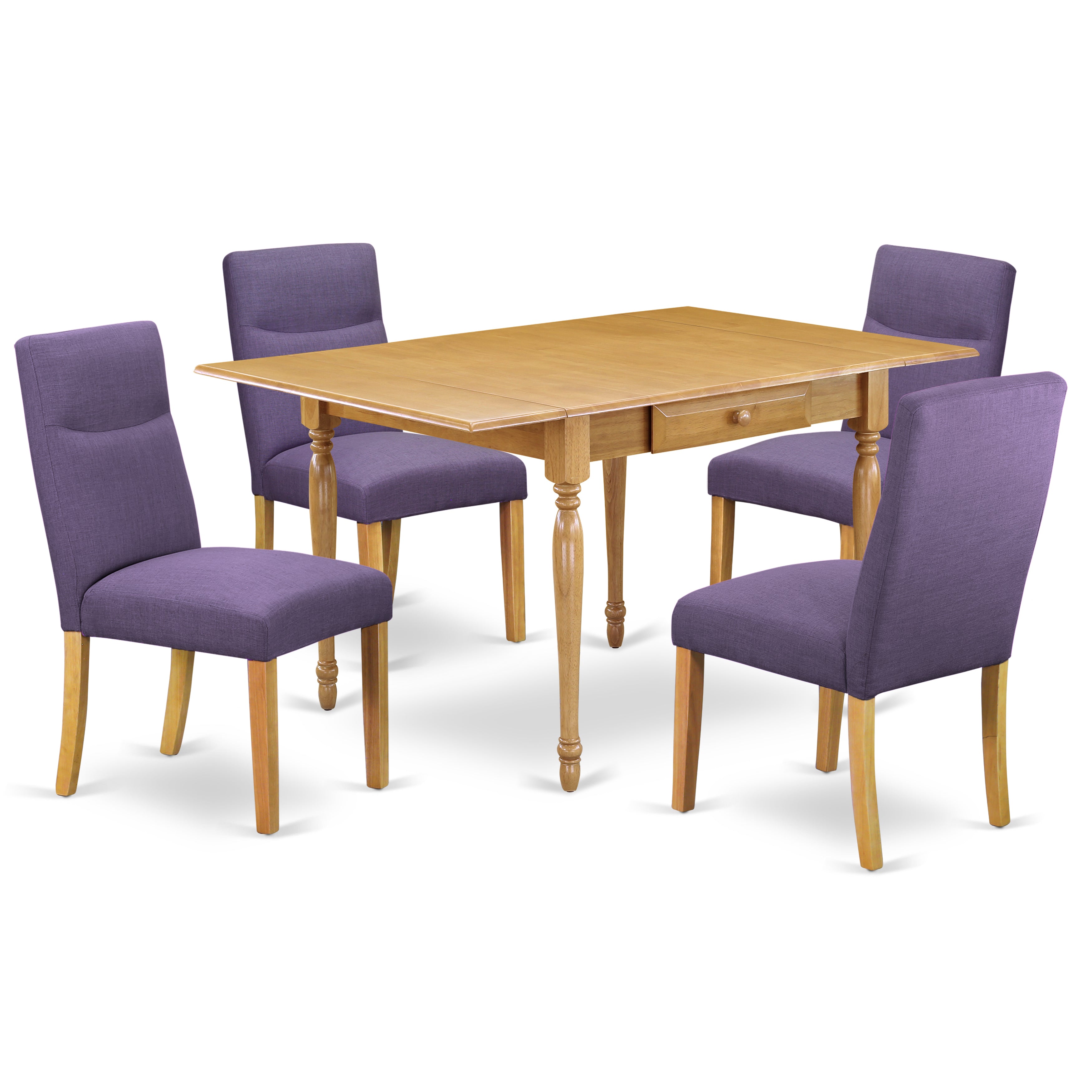 East West Furniture MZBE5-OAK-10 5Pc Kitchen Table Set Offers a Small Kitchen Table and 4 Parsons Dining Chairs with Dahlia Color Linen Fabric, Drop Leaf Table with Full Back Chairs, Oak Finish
