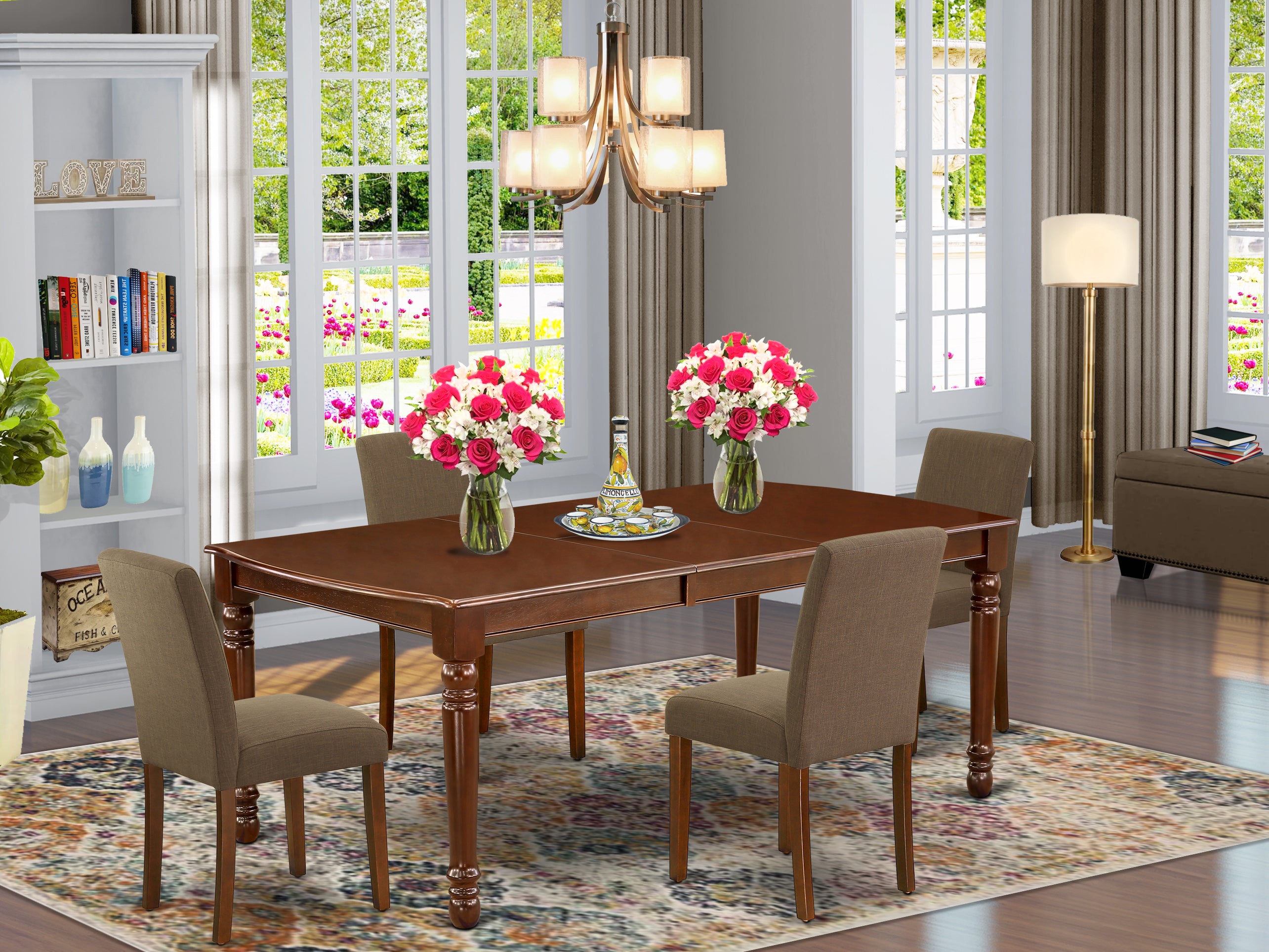 DOAB5-MAH-18 5Pc Rectangular 60/78" Table With 18 In Leaf And Four Parson Chair With Mahogany Leg And Linen Fabric Coffee